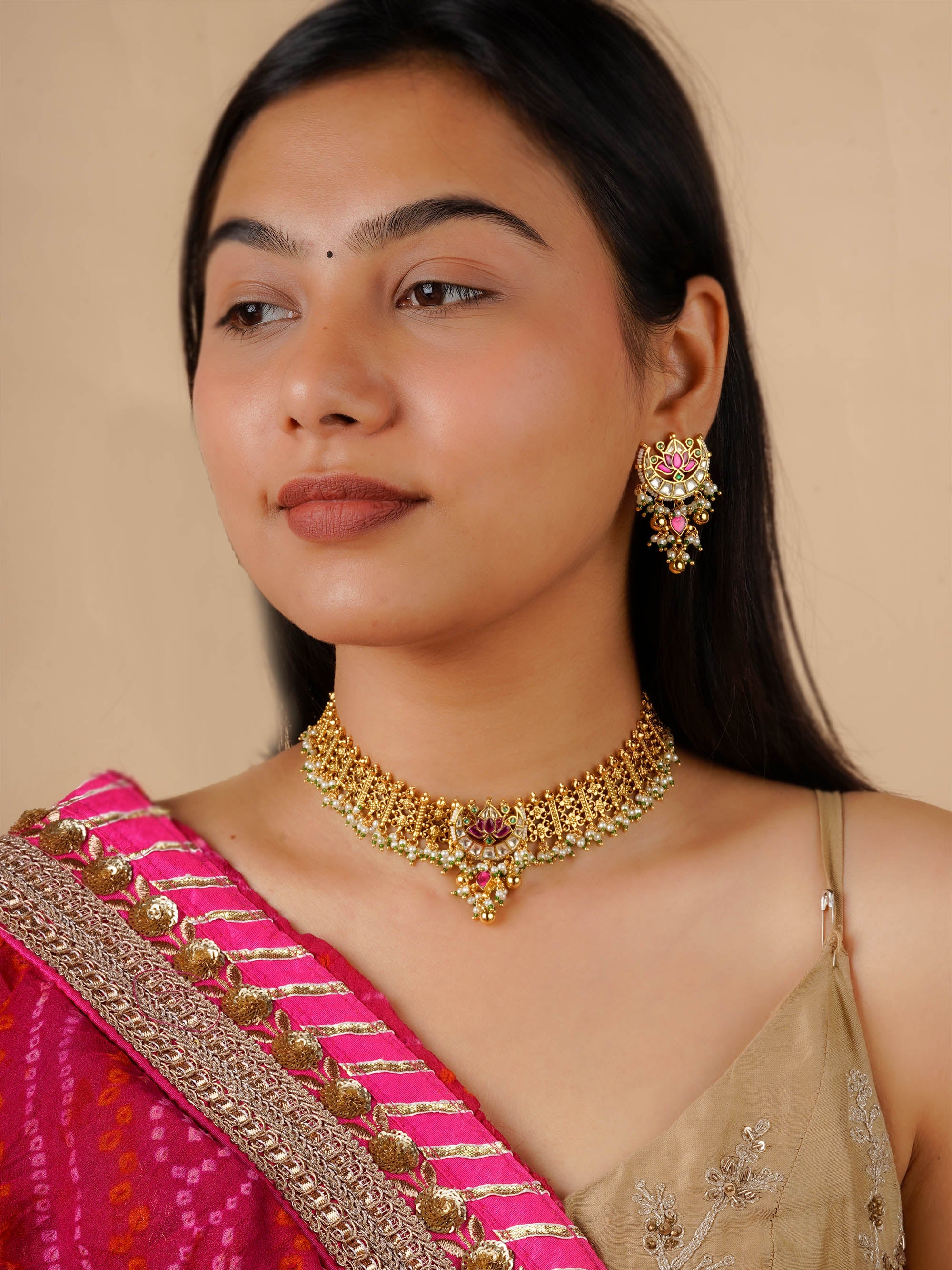 MS1684M - Multicolor Gold Plated Jadau Kundan Necklace Set