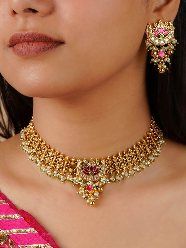 Multicolor Gold Plated Jadau Kundan Necklace Set - MS1684M