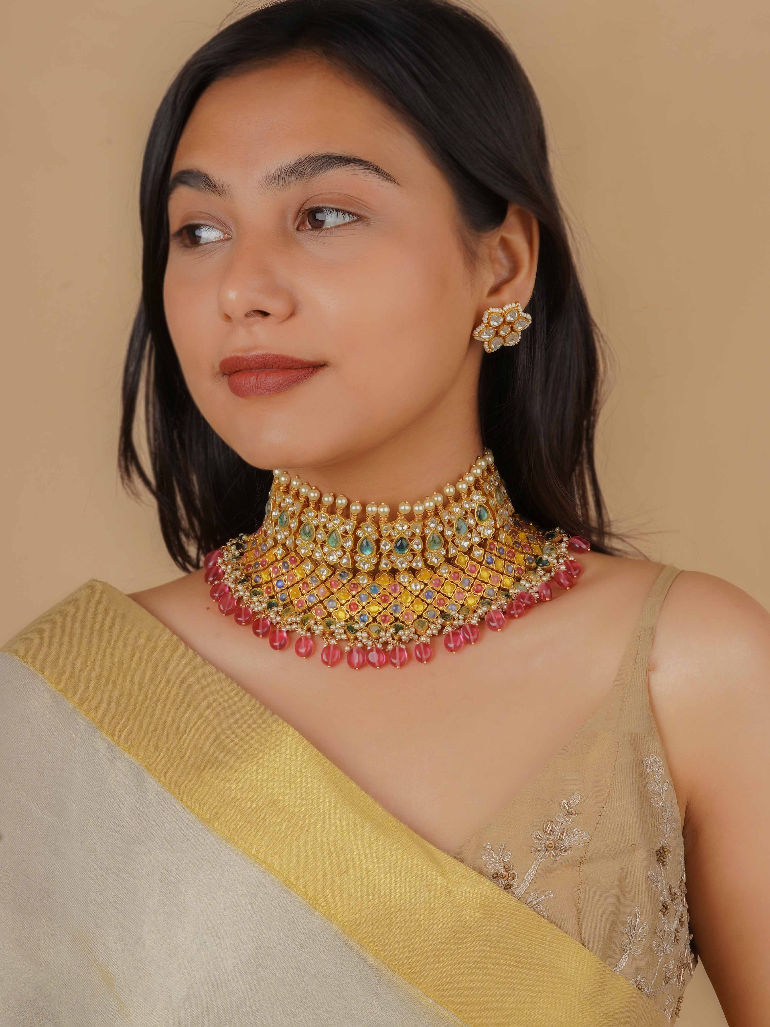 MS1687M - Multicolor Gold Plated Jadau Kundan Bridal Necklace Set