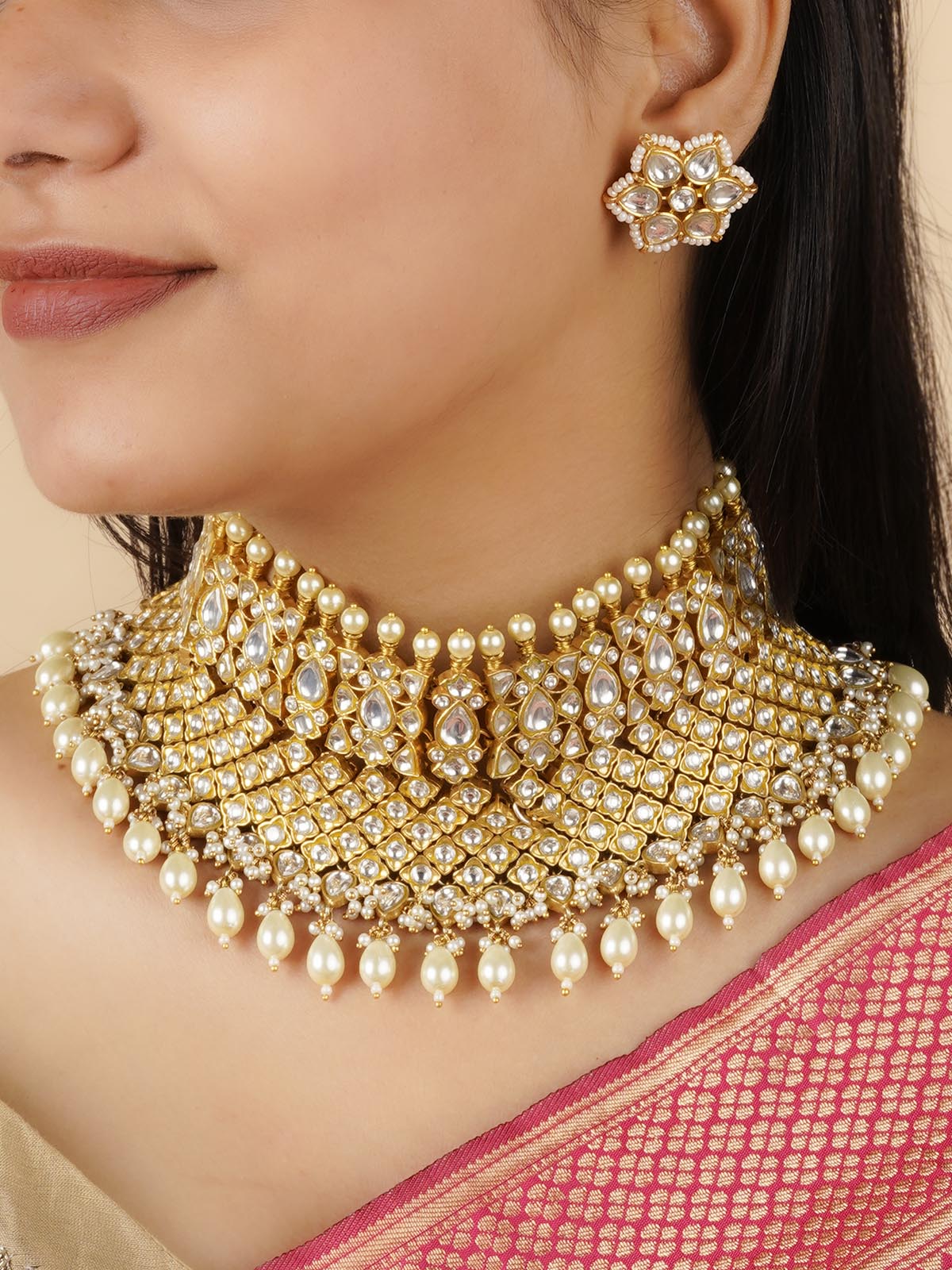 MS1687 - White Color Gold Plated Jadau Kundan Bridal Necklace Set