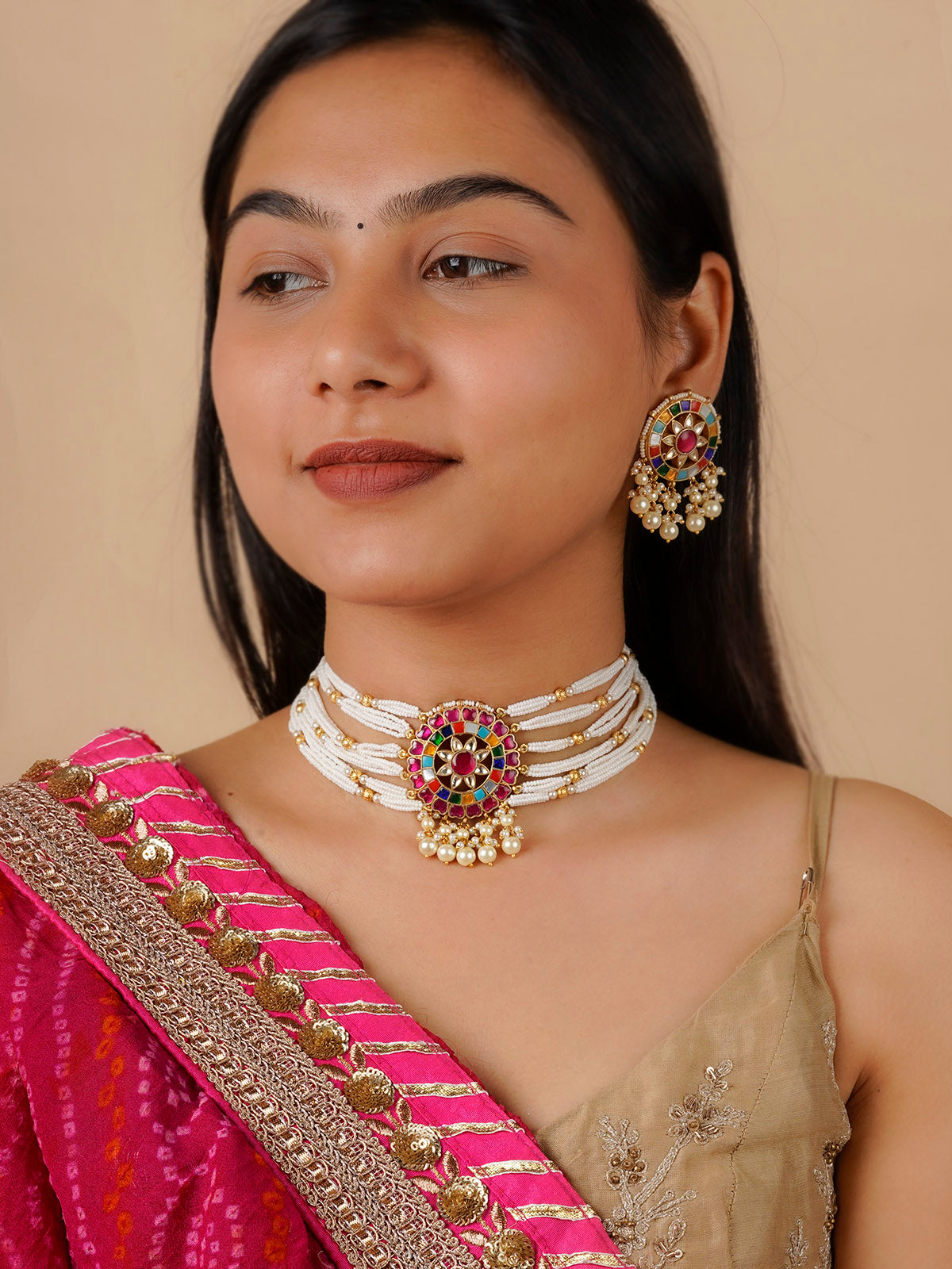 MS1689N - Navratna Gold Plated Jadau Kundan Necklace Set