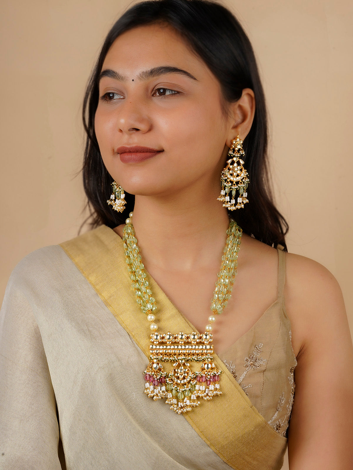 MS1691Y - Multicolor Gold Plated Jadau Kundan Necklace Set