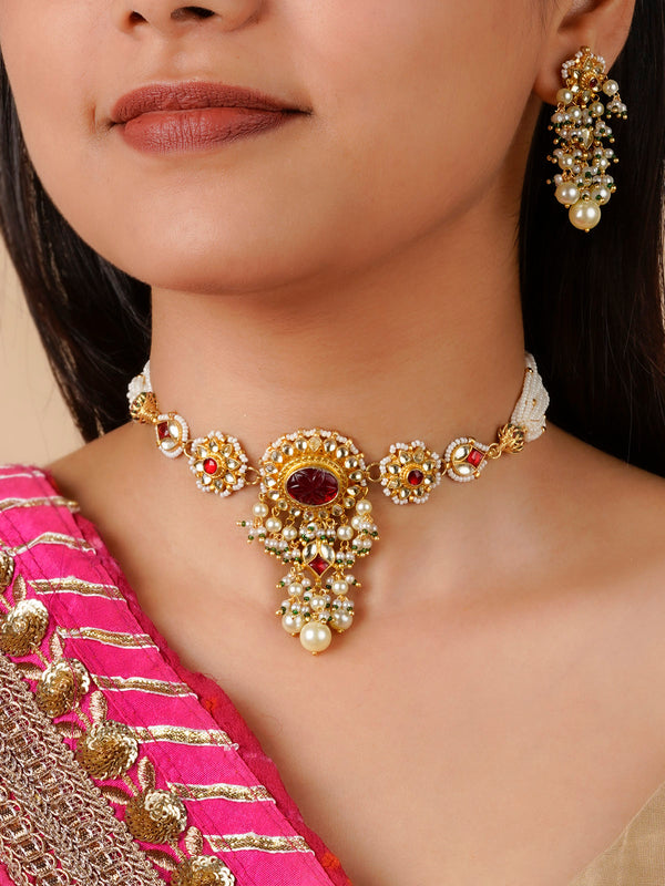 MS1695YR - Red Color Gold Plated Jadau Kundan Necklace Set