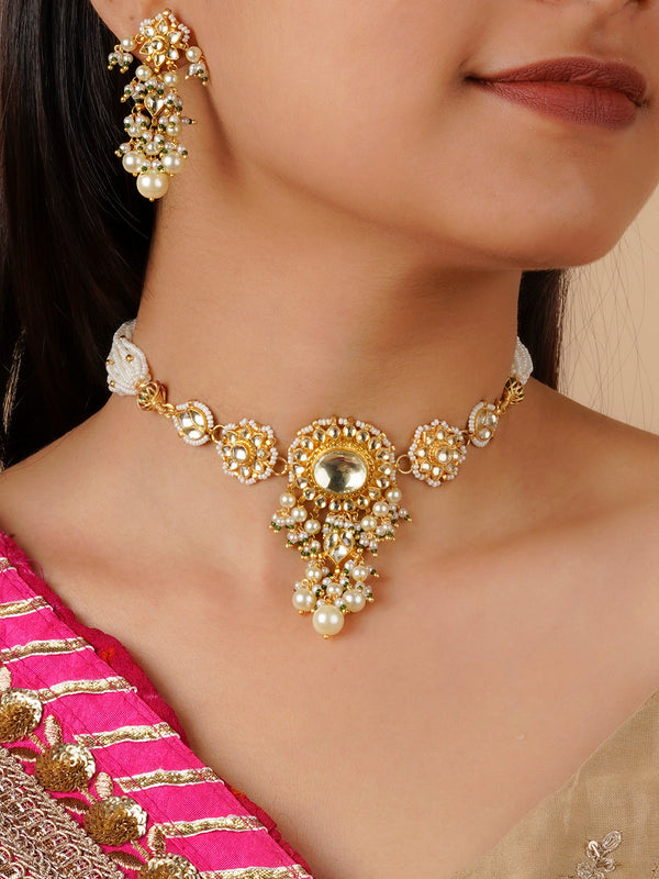 MS1695Y - White Color Gold Plated Jadau Kundan Necklace Set