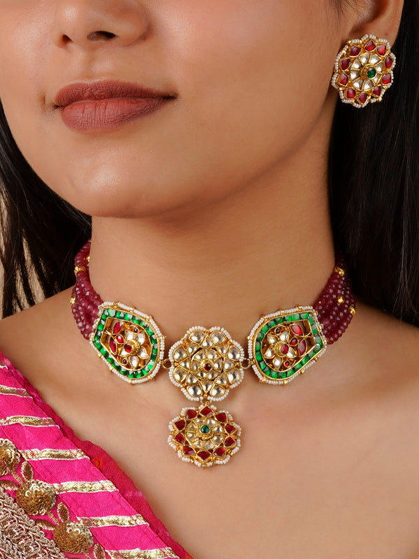 MS1696M - Multicolor Gold Plated Jadau Kundan Necklace Set