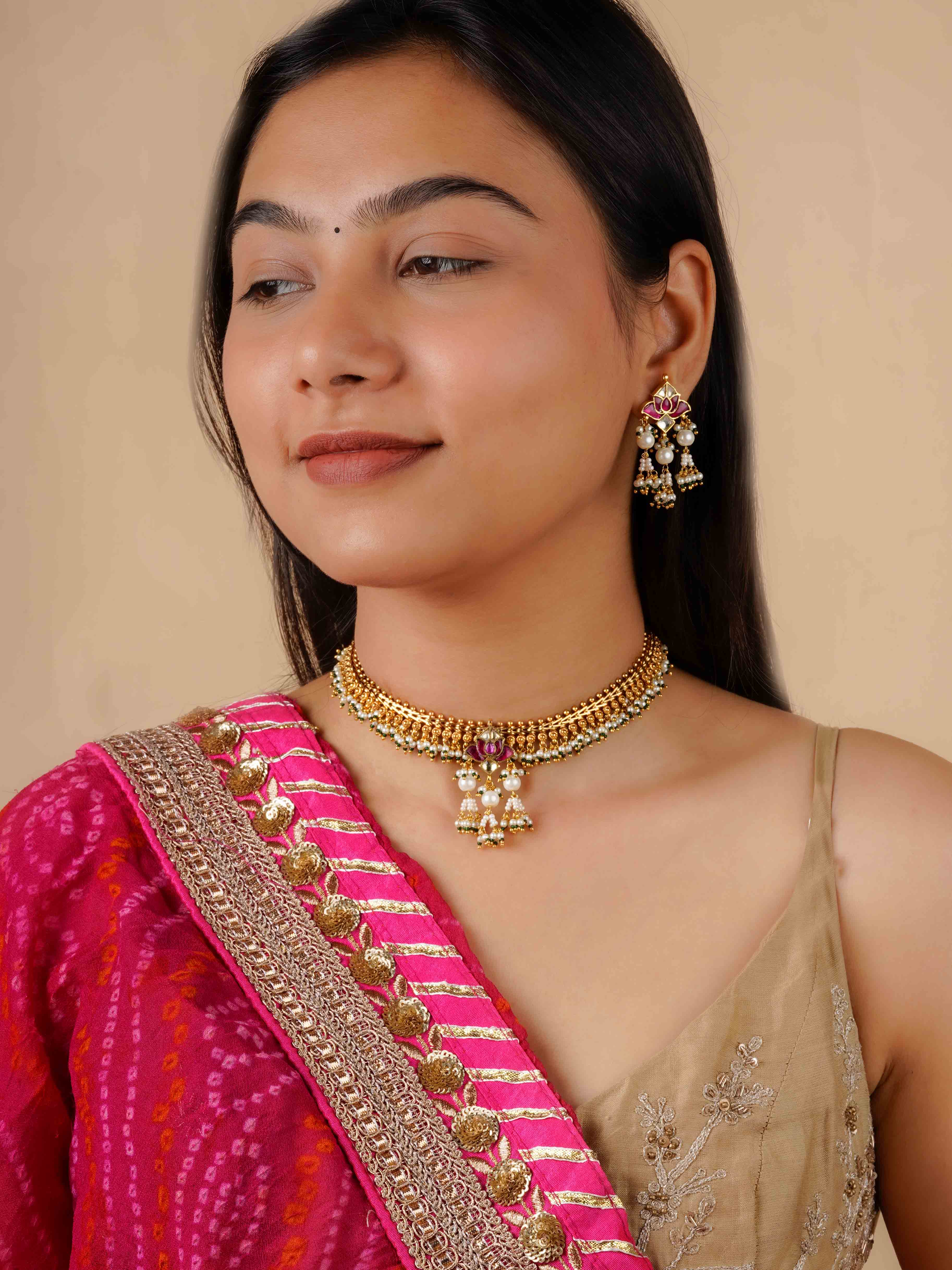MS1701M - Pink Color Gold Plated Jadau Kundan Necklace Set