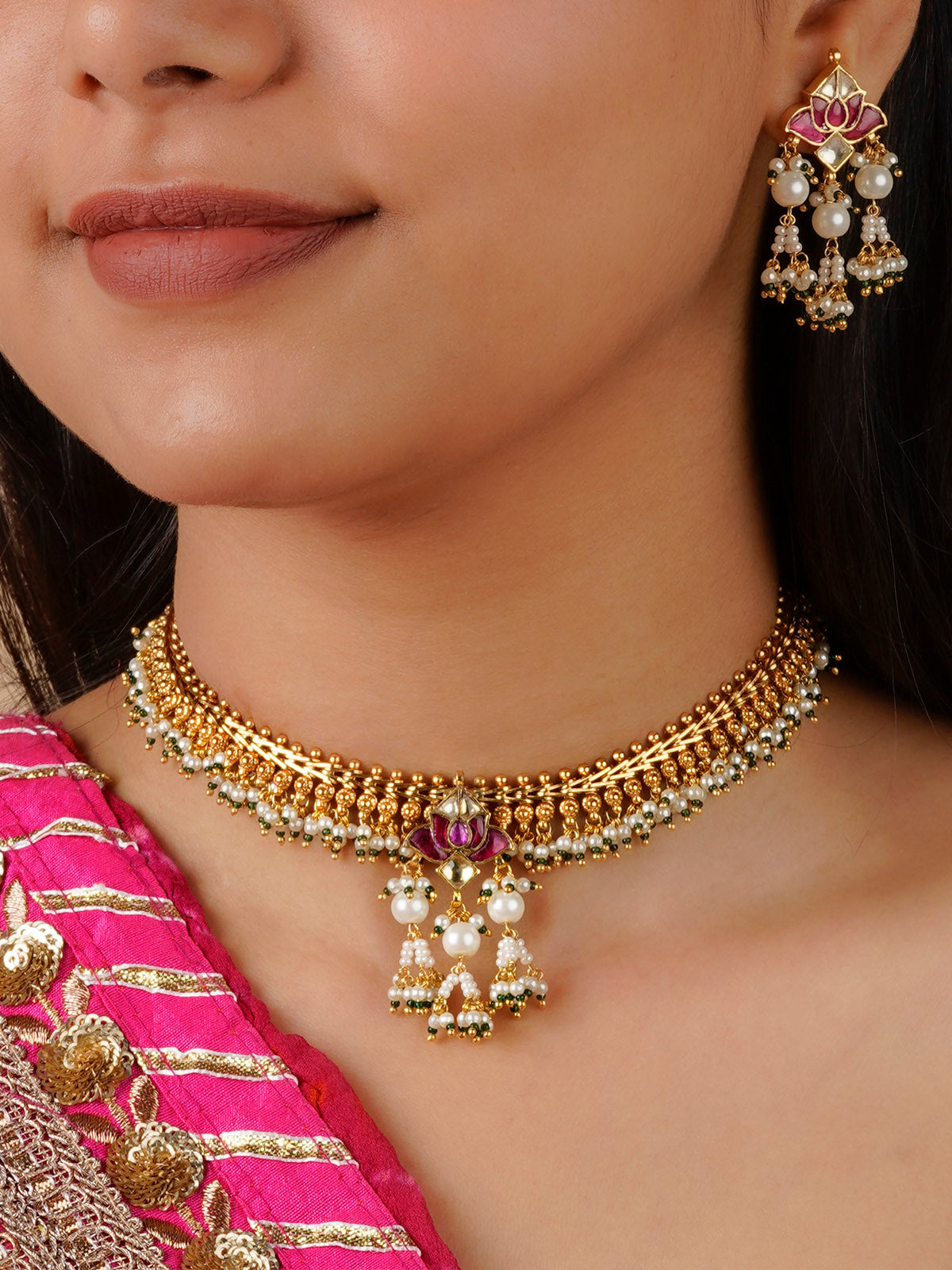 MS1701M - Pink Color Gold Plated Jadau Kundan Necklace Set