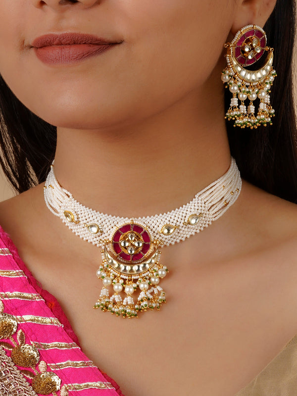 MS1703YP - Pink Color Gold Plated Jadau Kundan Necklace Set