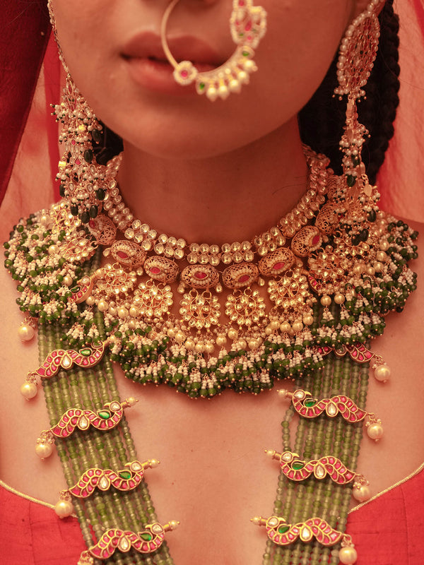 Pink Color Gold Plated Jadau Kundan Bridal Necklace Set - MS1715YP