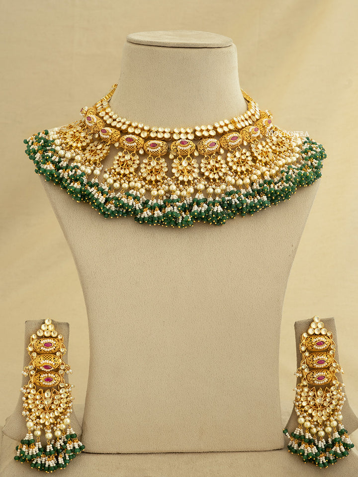 MS1715YP - Multicolor Gold Plated Bridal Jadau Kundan Medium Necklace Set With Tikka, Mathapatti And Two Hathphools