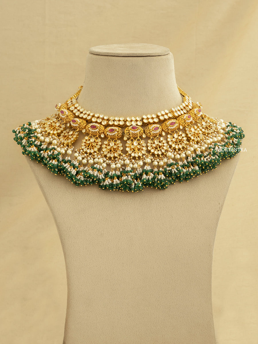 MS1715YP - Multicolor Gold Plated Bridal Jadau Kundan Medium Necklace Set With Tikka, Mathapatti And Two Hathphools