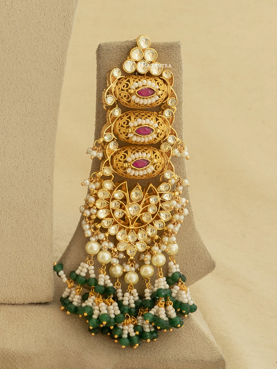MS1715YP - Multicolor Gold Plated Bridal Jadau Kundan Medium Necklace Set With Tikka, Mathapatti And Two Hathphools