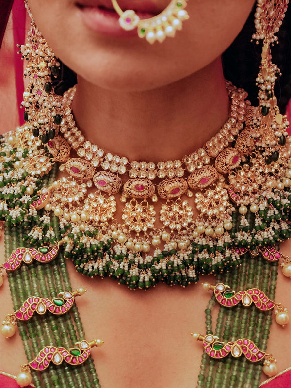 Pink Color Gold Plated Jadau Kundan Bridal Necklace Set - MS1715YP