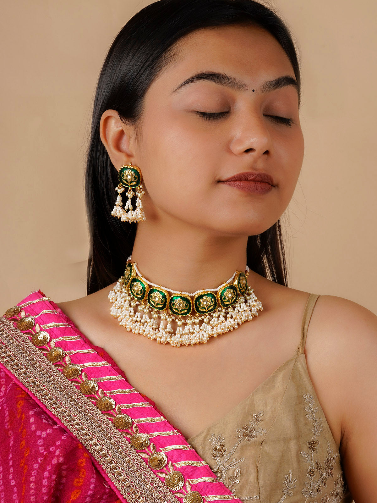 MS1742GR - Green Color Gold Plated Jadau Kundan Necklace Set