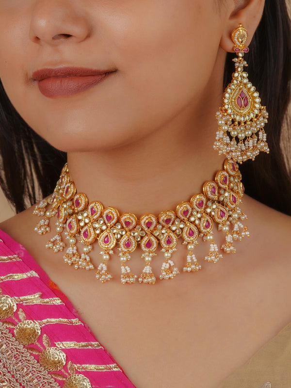 MS1743YP - Pink Color Gold Plated Jadau Kundan Necklace Set