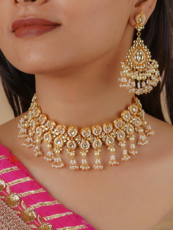 MS1743Y - White Color Gold Plated Jadau Kundan Necklace Set