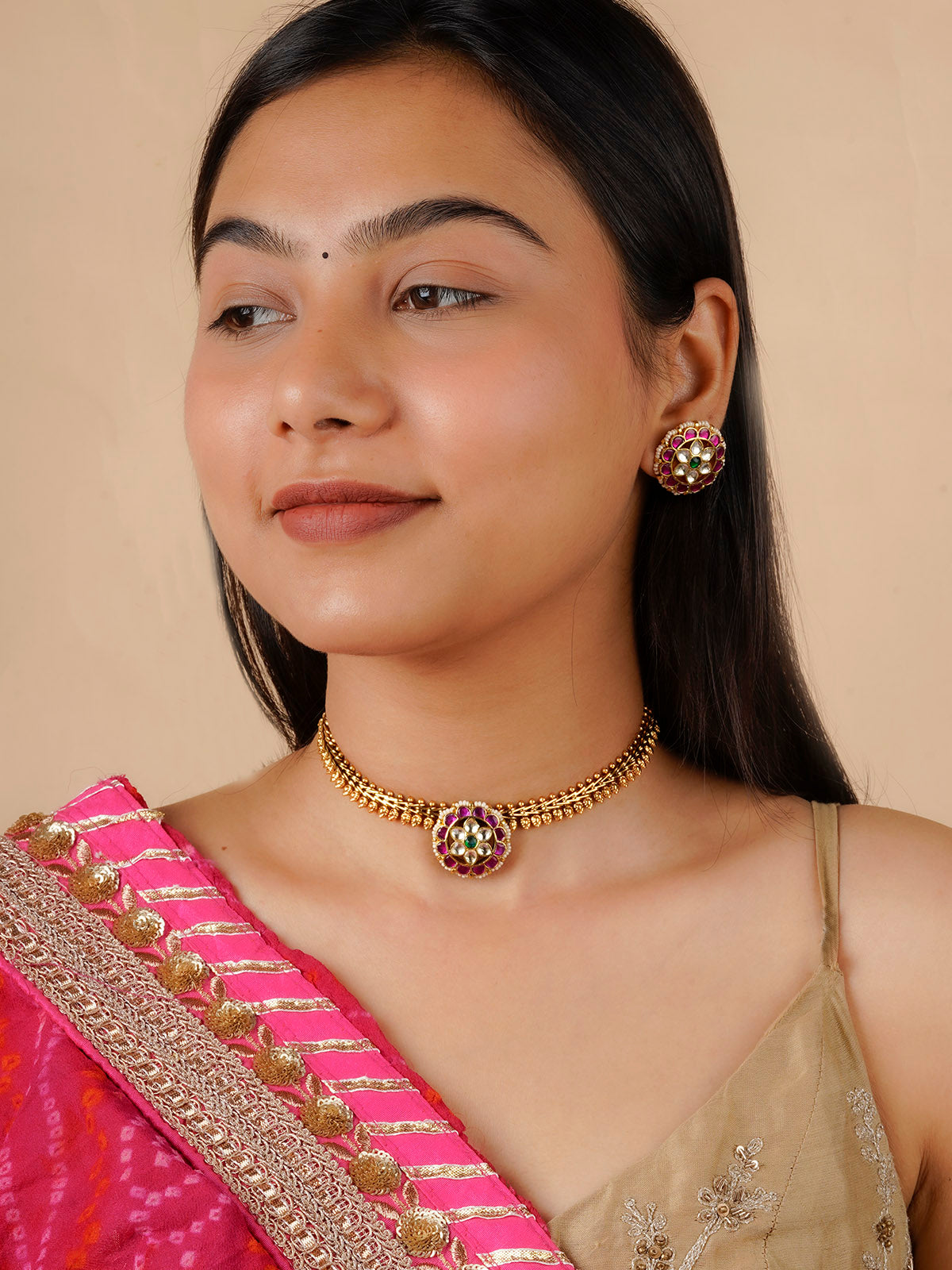 MS1763M - Pink Color Gold Plated Jadau Kundan Necklace Set