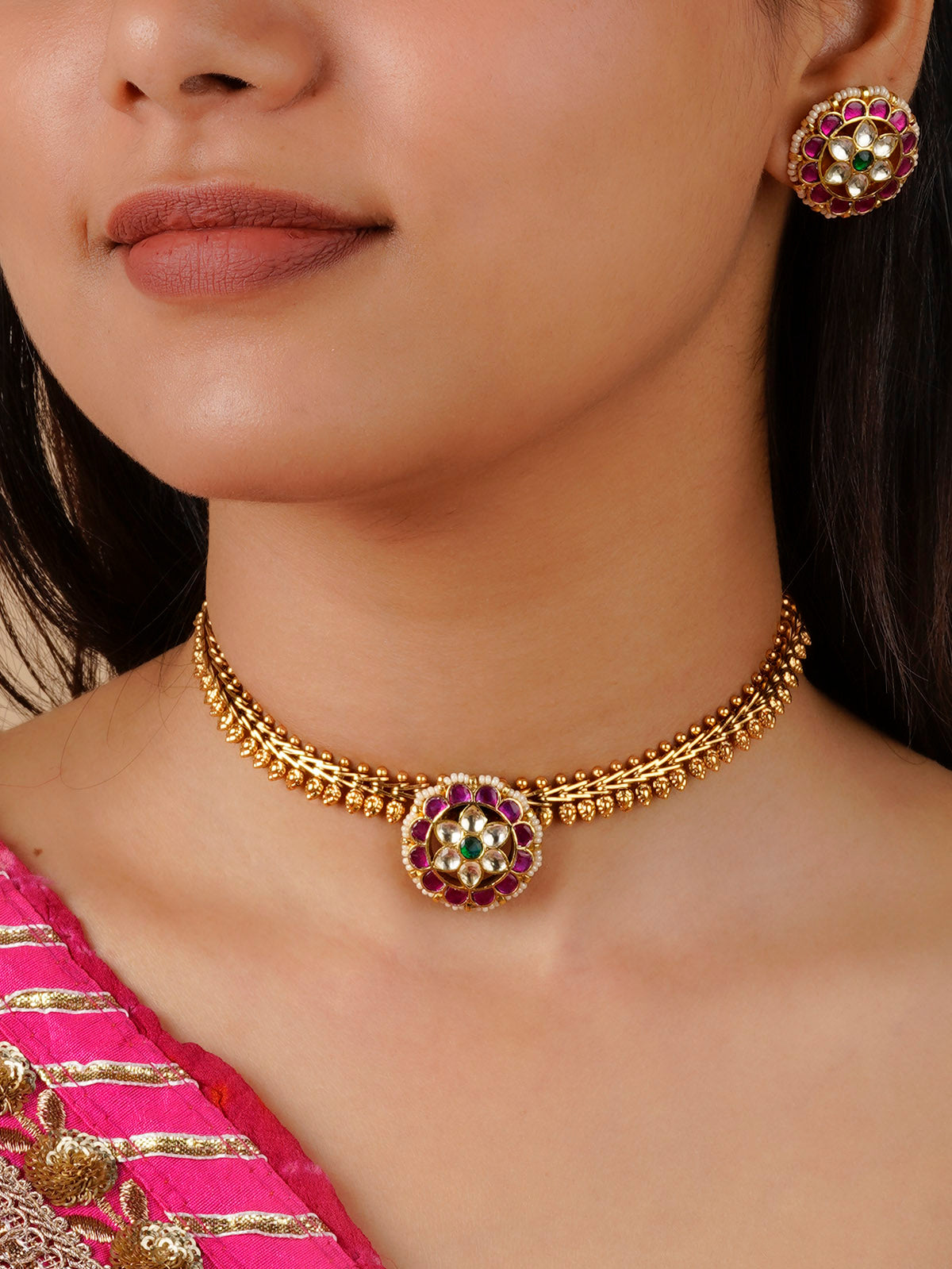 MS1763M - Pink Color Gold Plated Jadau Kundan Necklace Set