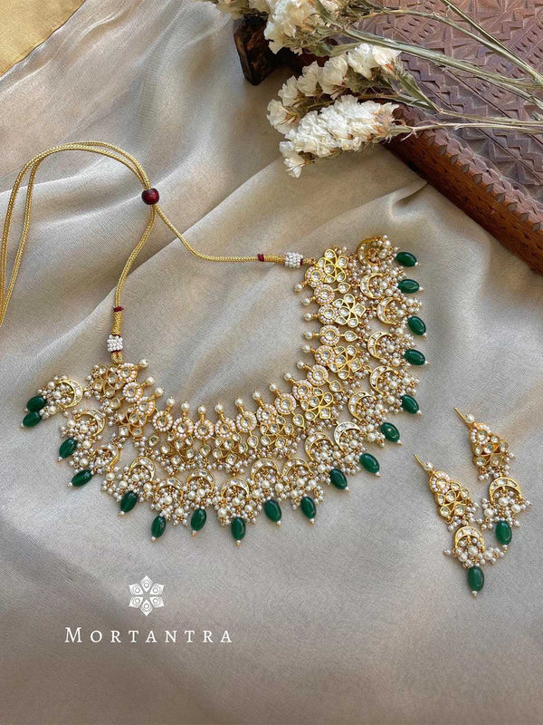 Green Color Gold Plated Jadau Kundan Necklace Set - MS1768YA