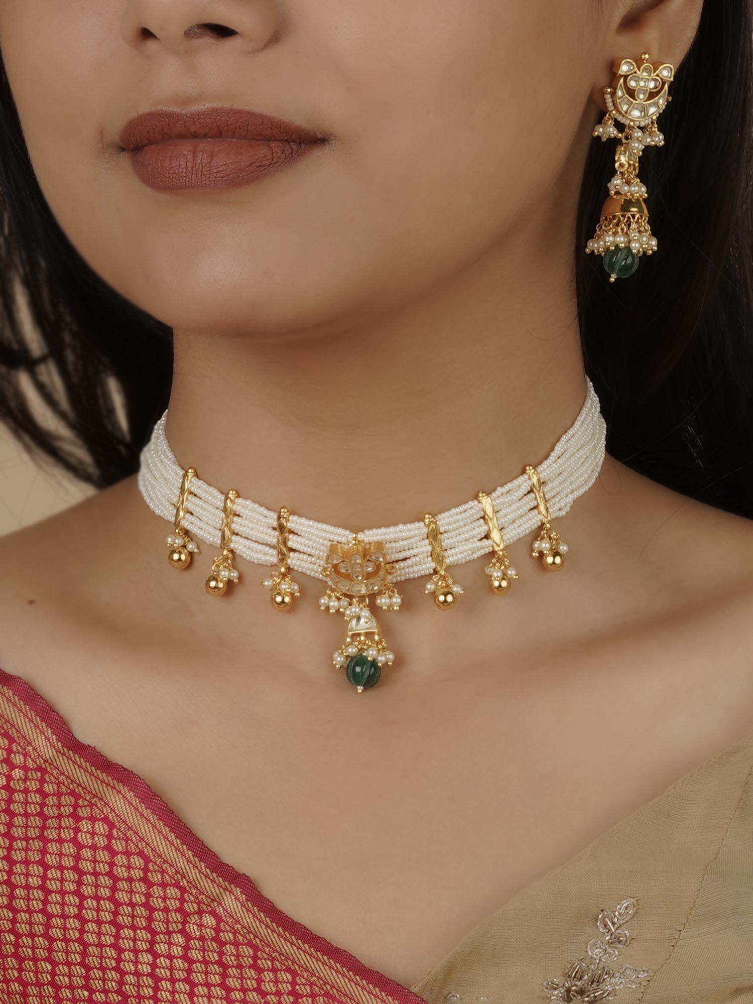 MS1770Y - Green Color Gold Plated Jadau Kundan Necklace Set