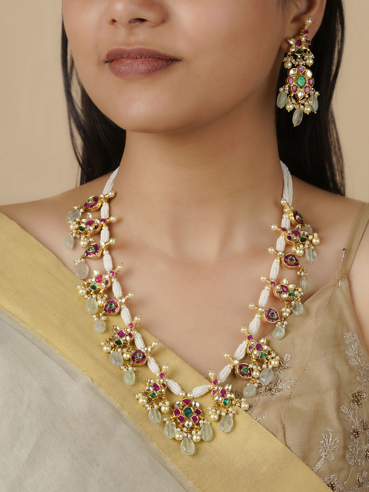 MS1772M - Multicolor Gold Plated Jadau Kundan Necklace Set