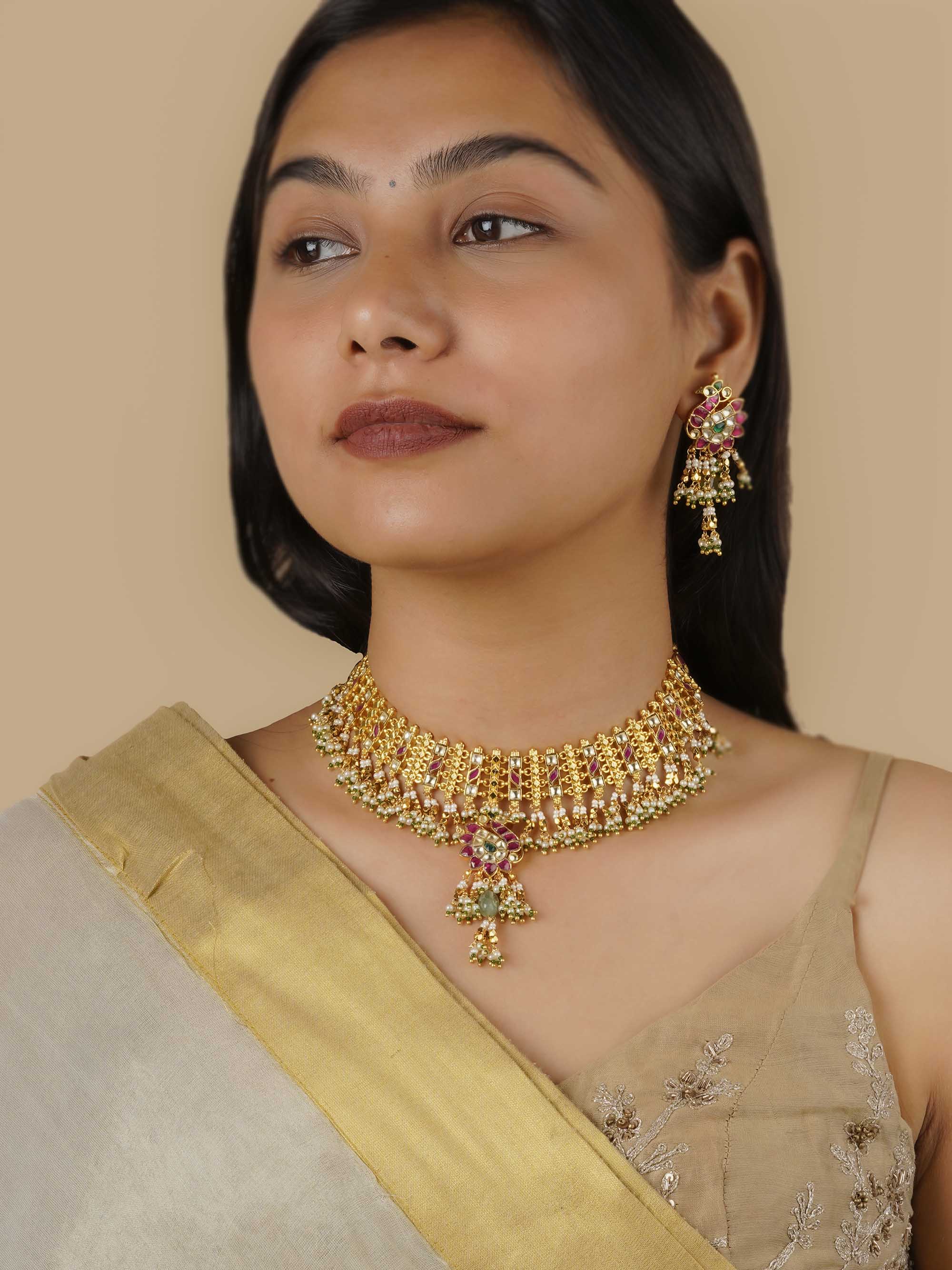 MS1775M - Multicolor Gold Plated Jadau Kundan Necklace Set