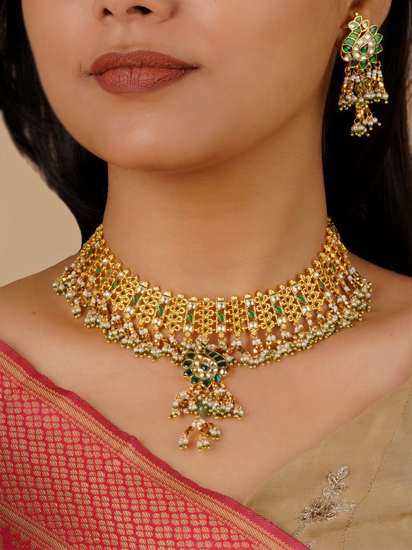 MS1775YGR - Green Color Gold Plated Jadau Kundan Necklace Set