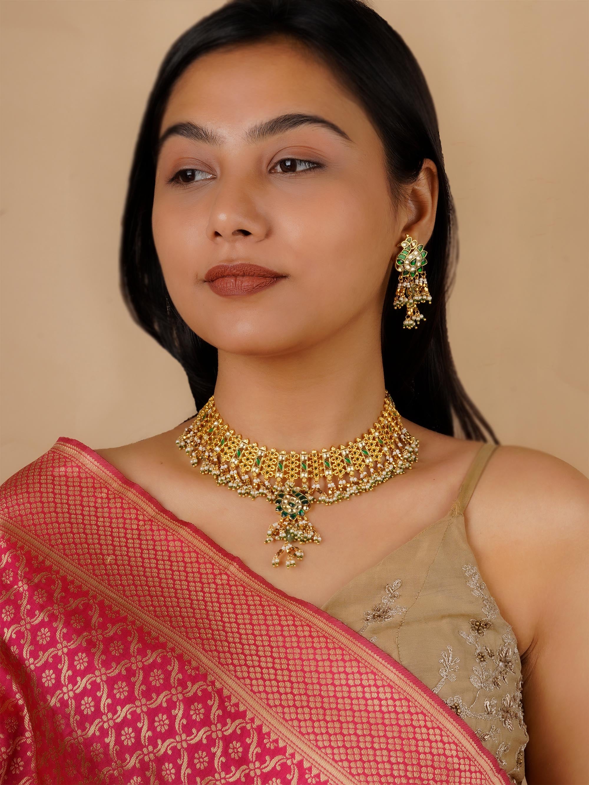 MS1775YGR - Green Color Gold Plated Jadau Kundan Necklace Set
