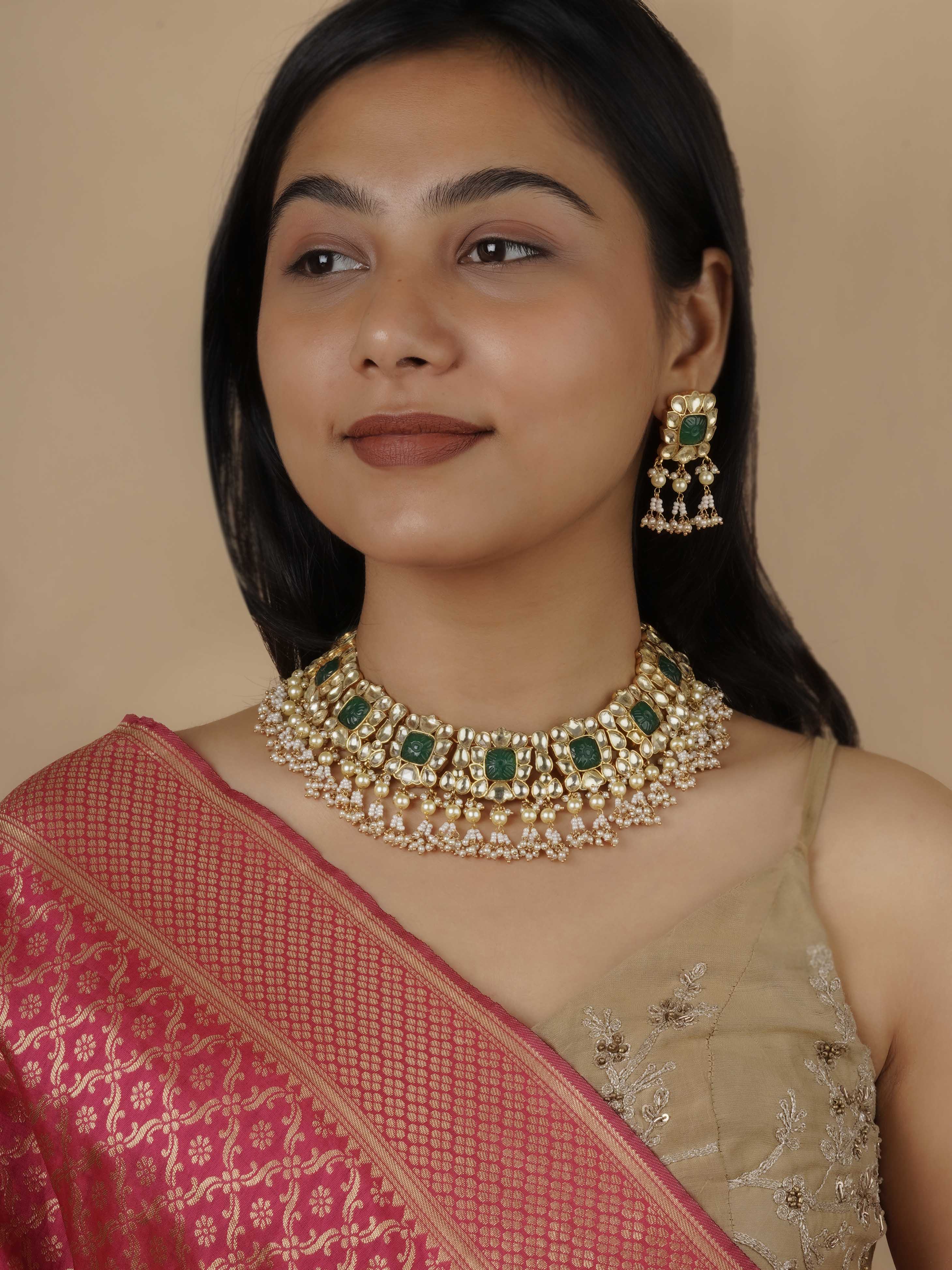 MS1780GR - Green Color Gold Plated Jadau Kundan Necklace Set