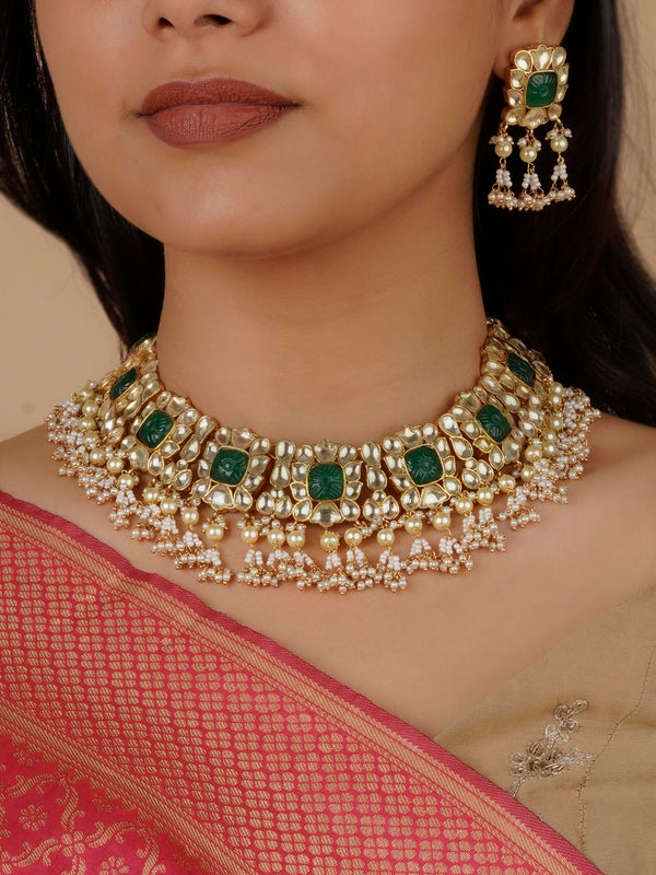 MS1780GR - Green Color Gold Plated Jadau Kundan Necklace Set