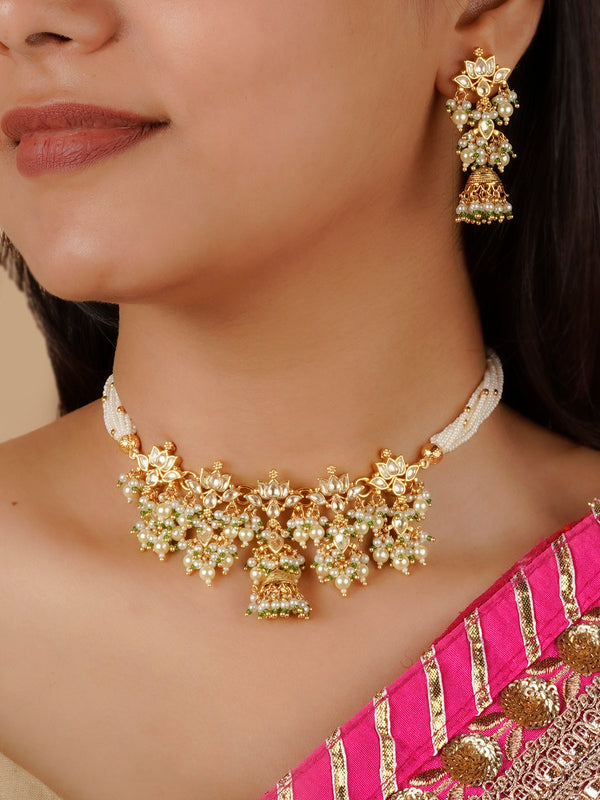 MS1783Y - Green Color Gold Plated Jadau Kundan Necklace Set