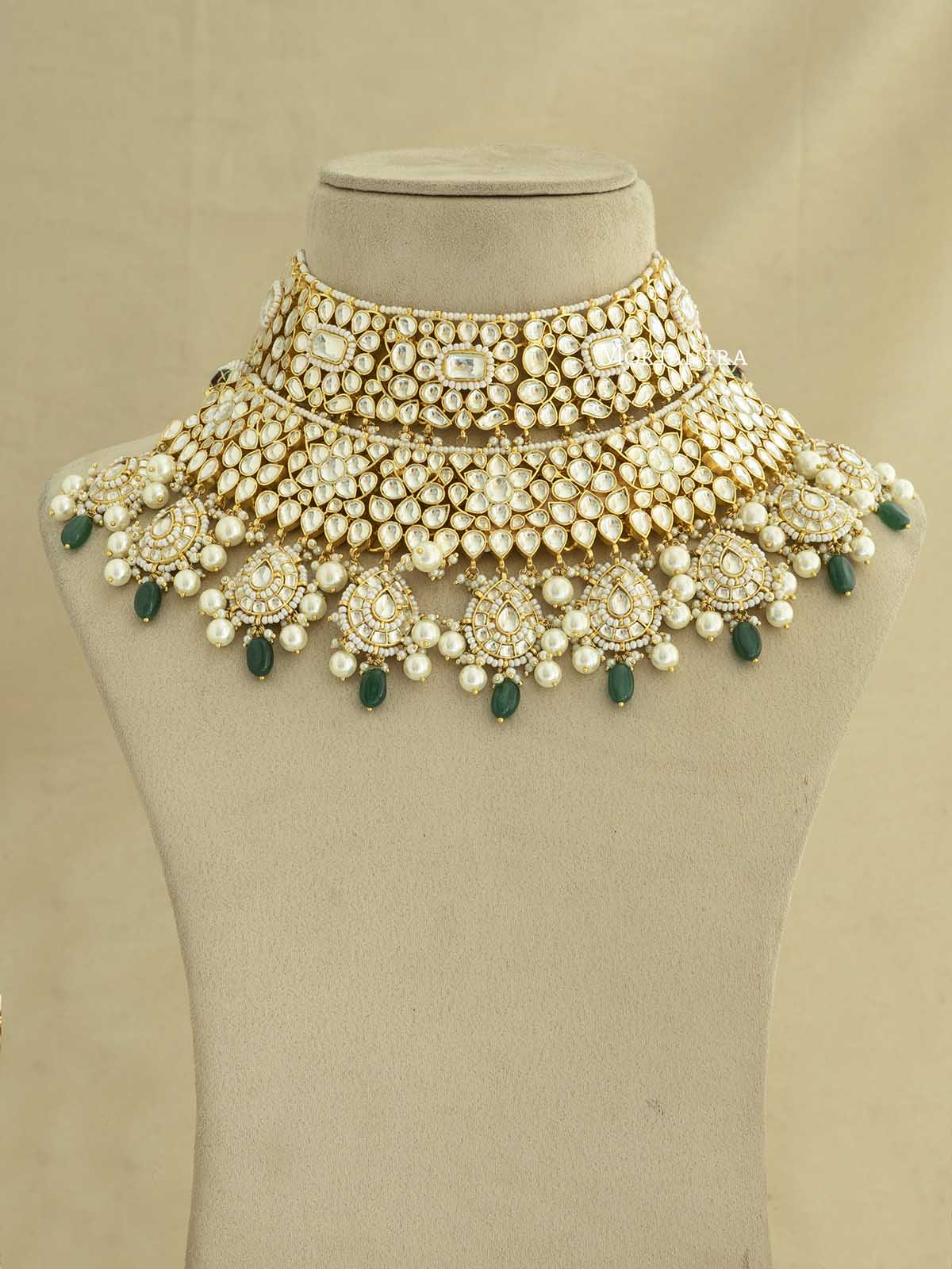 MS1786YA - Green Color Bridal Jadau Kundan Medium Necklace Set