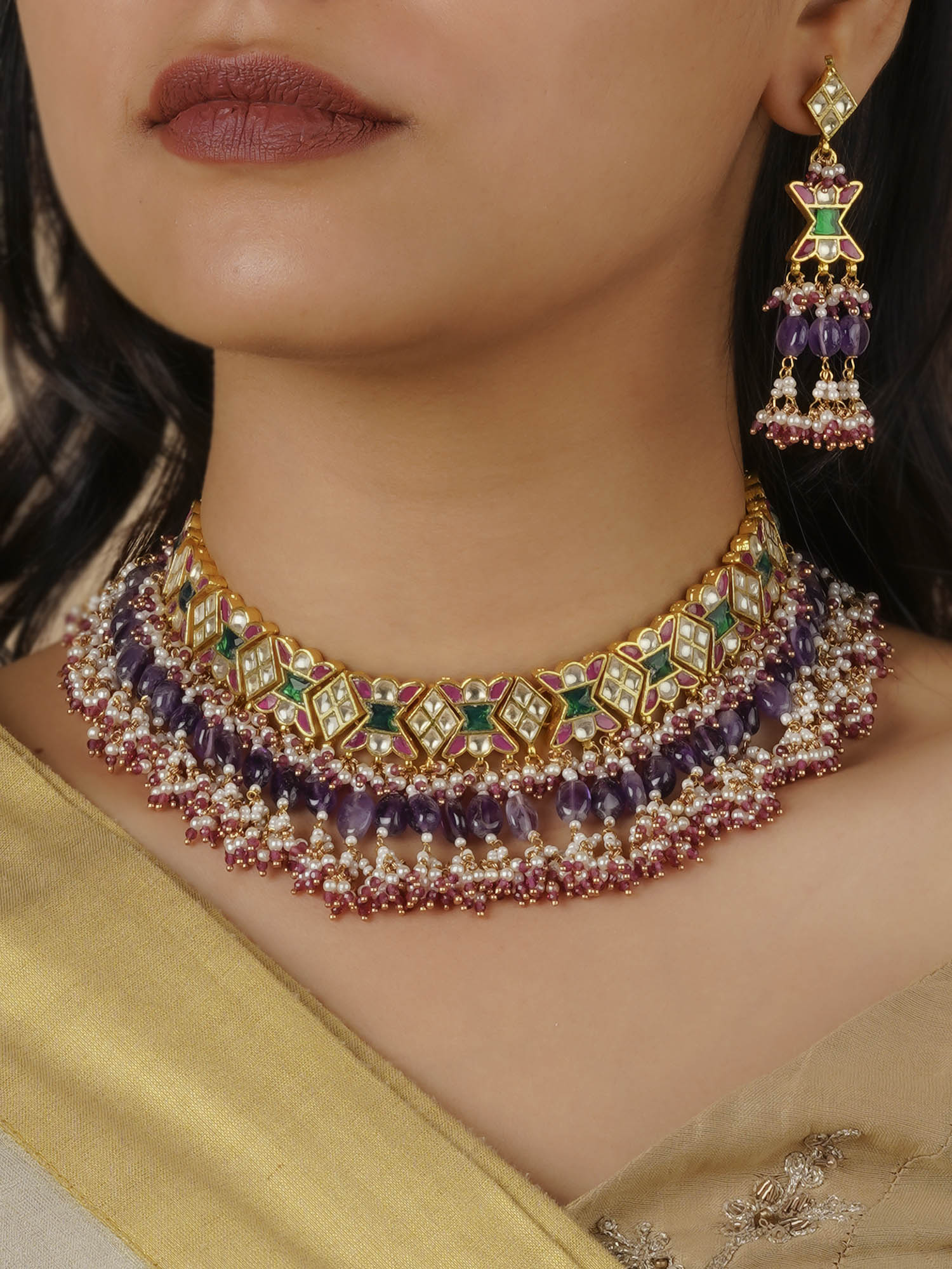 MS1788M - Multicolor Gold Plated Jadau Kundan Necklace Set