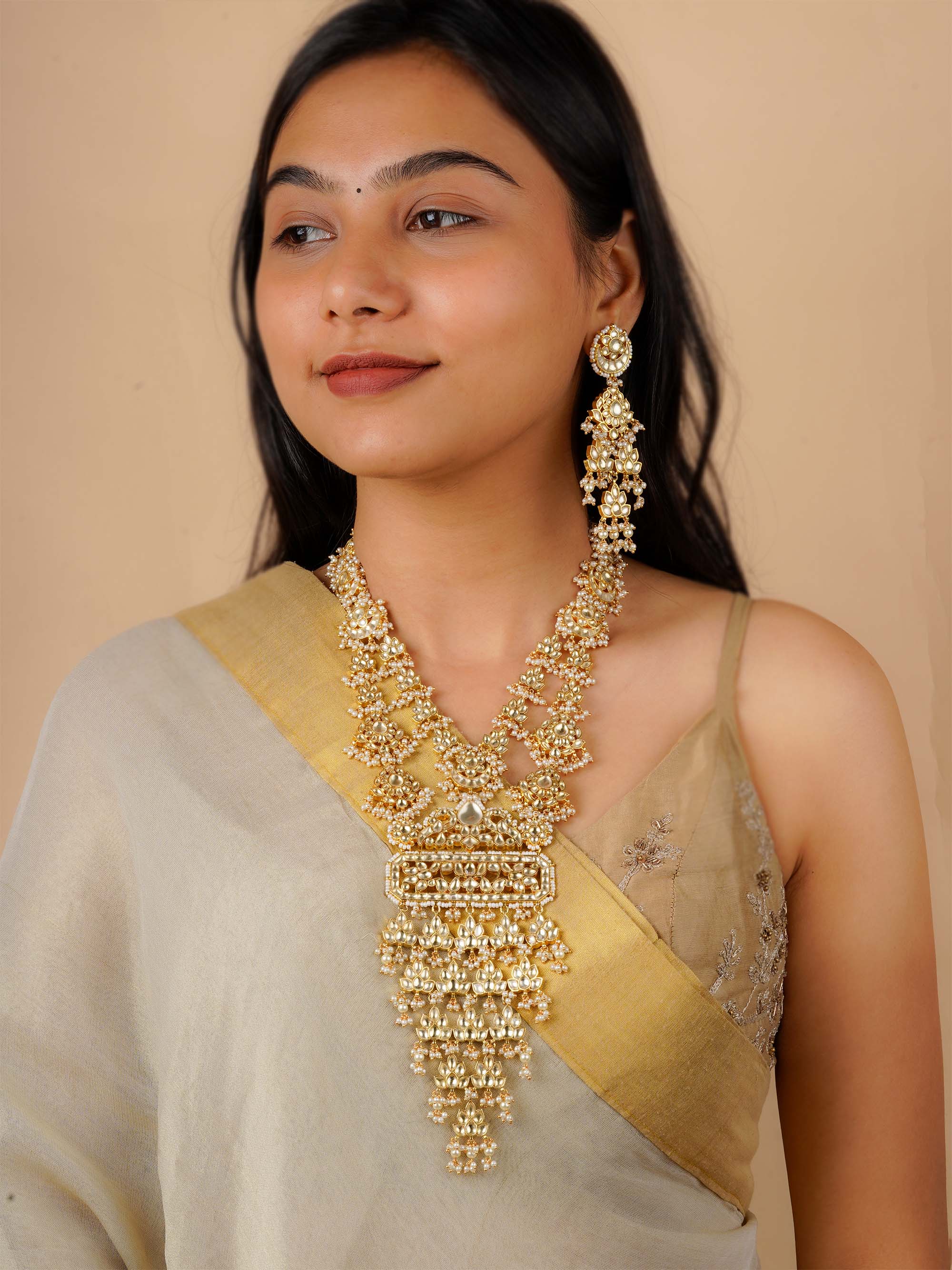 MS1789Y - White Color Gold Plated Jadau Kundan Bridal Necklace Set