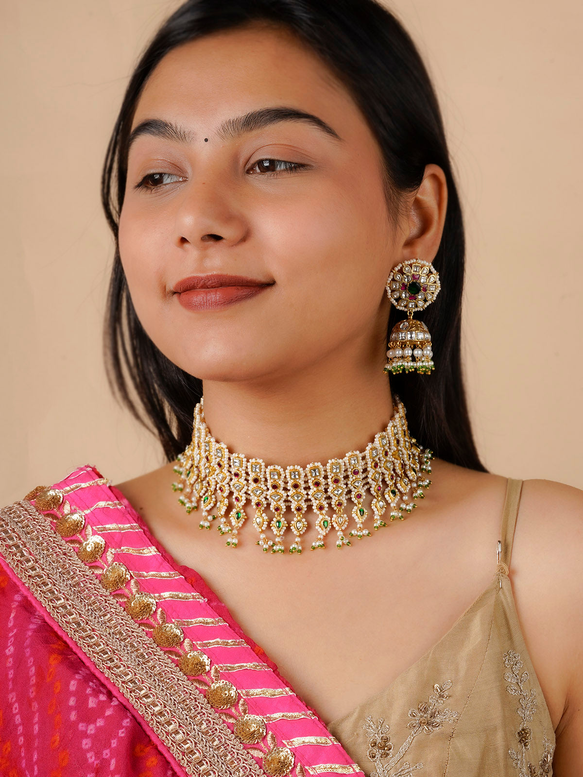 MS1790M - Multicolor Gold Plated Jadau Kundan Necklace Set