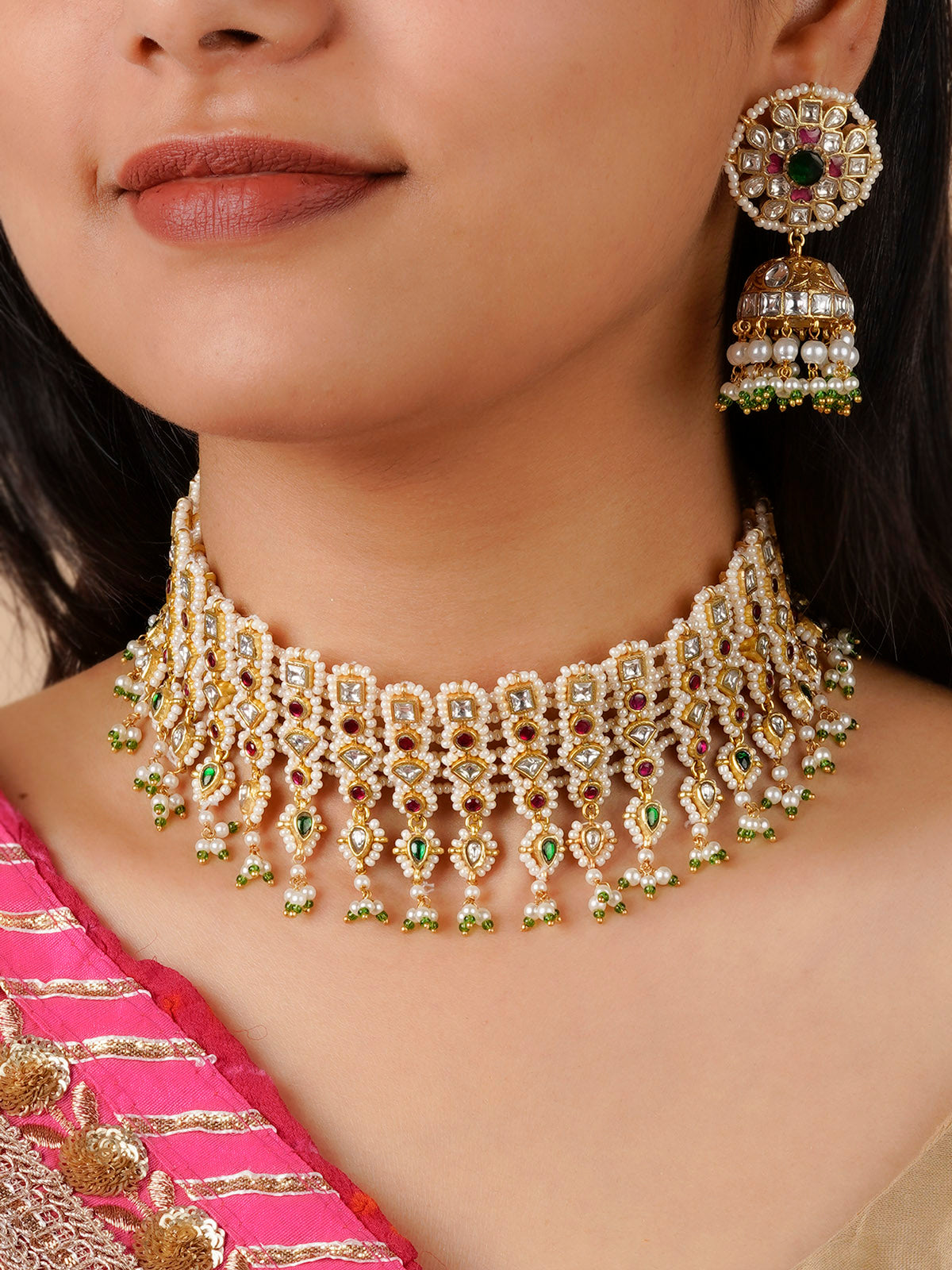 MS1790M - Multicolor Gold Plated Jadau Kundan Necklace Set