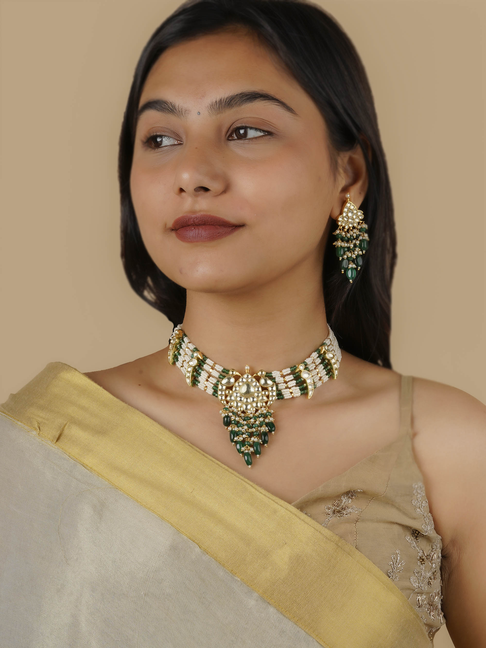 MS1797WGRA - Green Color Gold Plated Jadau Kundan Necklace Set