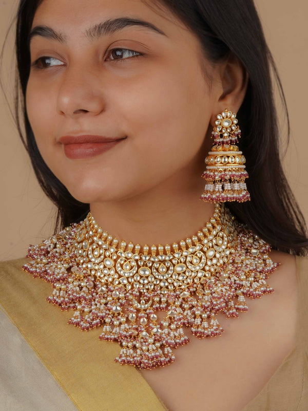 MS1802Y - Pink Color Gold Plated Jadau Kundan Bridal Necklace Set