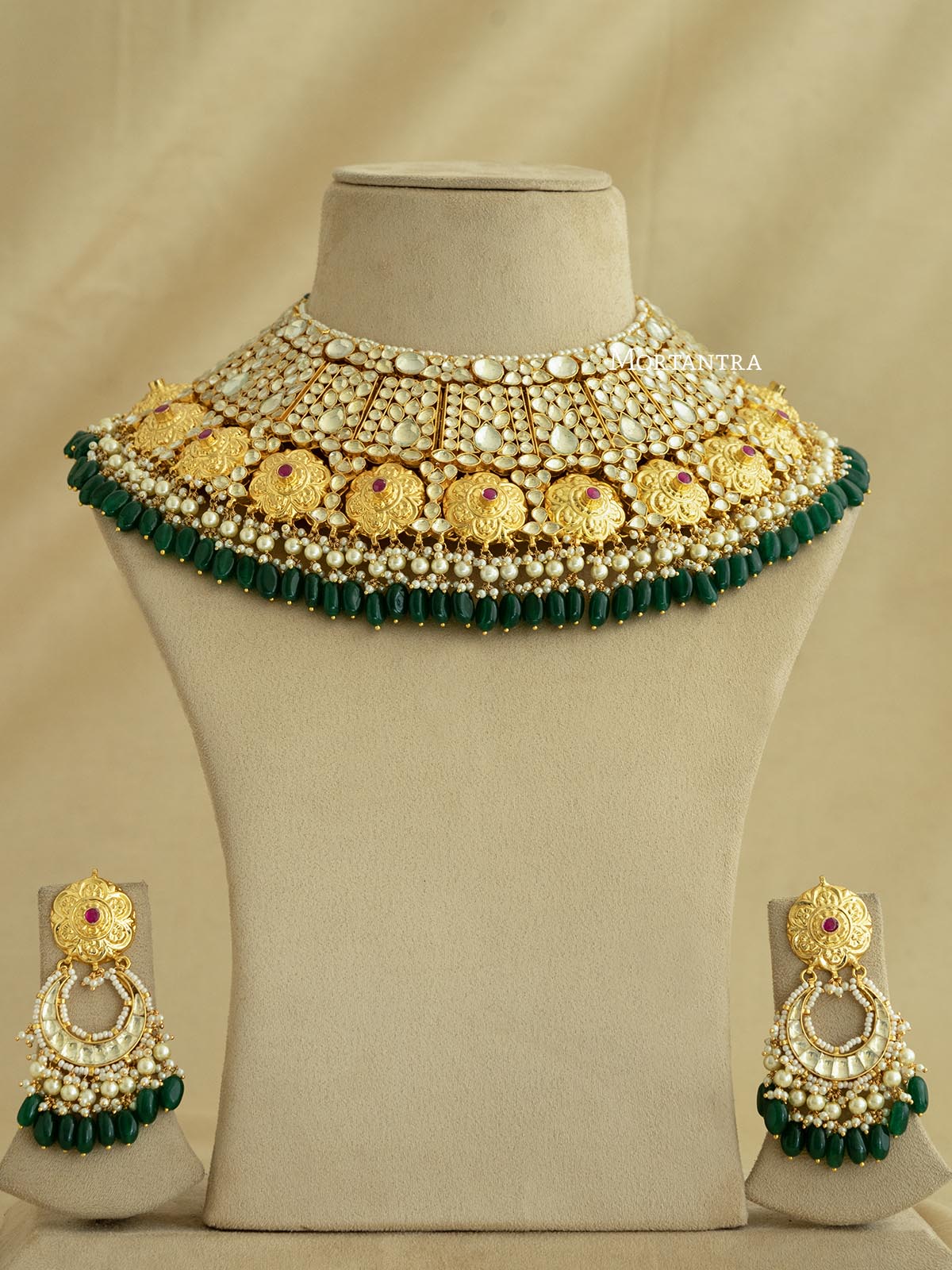 MS1808 - Green Color Gold Plated Bridal Jadau Kundan Medium Necklace Set