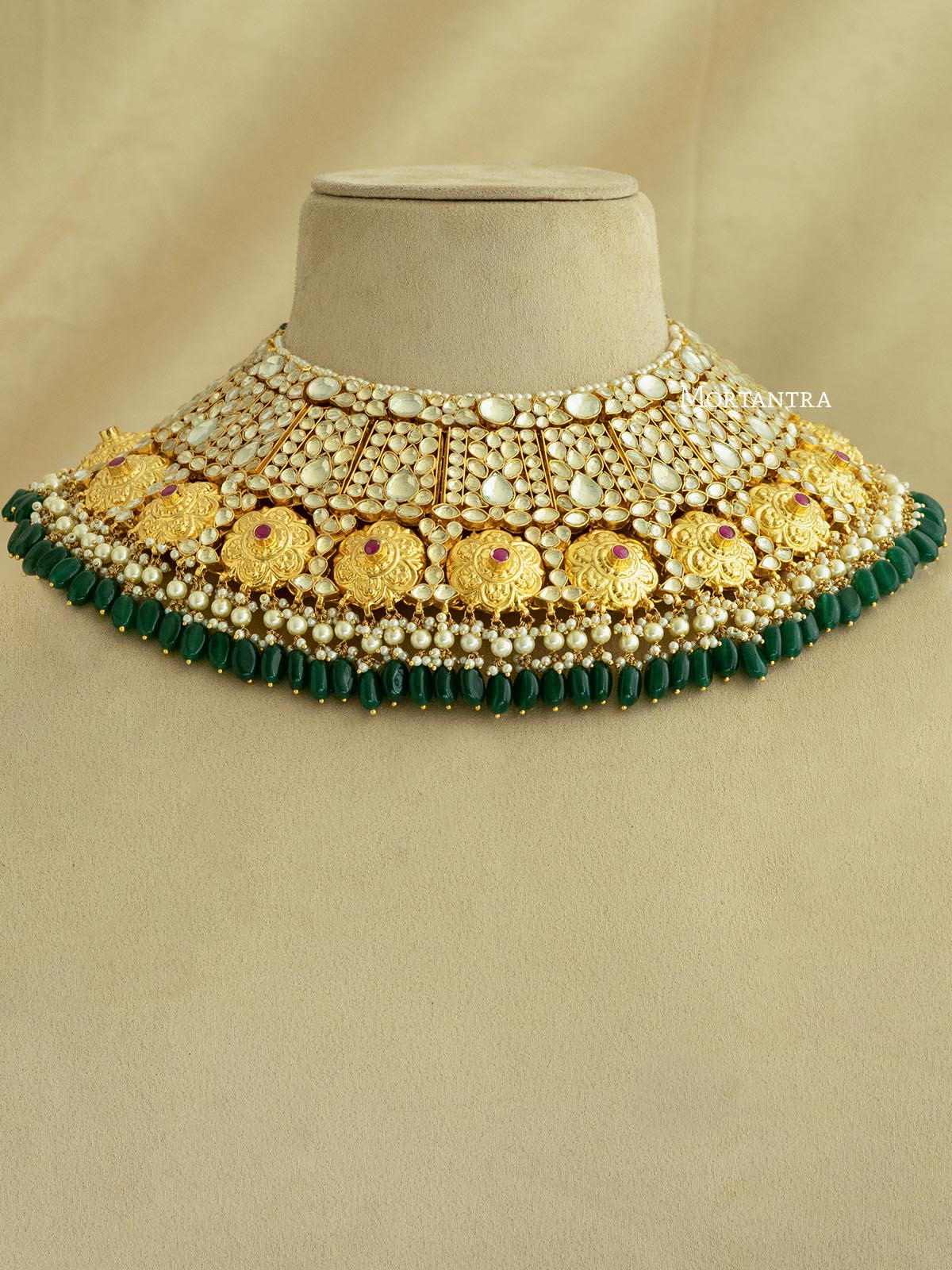 MS1808 - Green Color Gold Plated Bridal Jadau Kundan Medium Necklace Set
