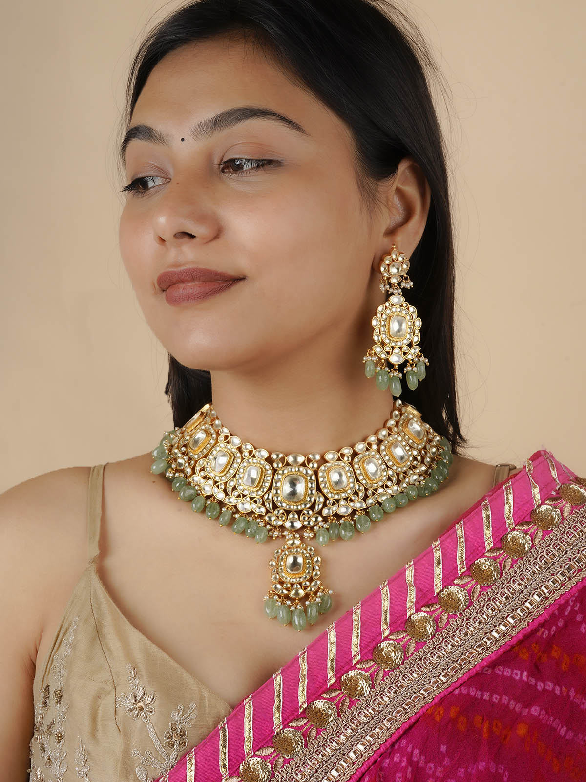 MS1815Y - Green Color Gold Plated Jadau Kundan Bridal Necklace Set