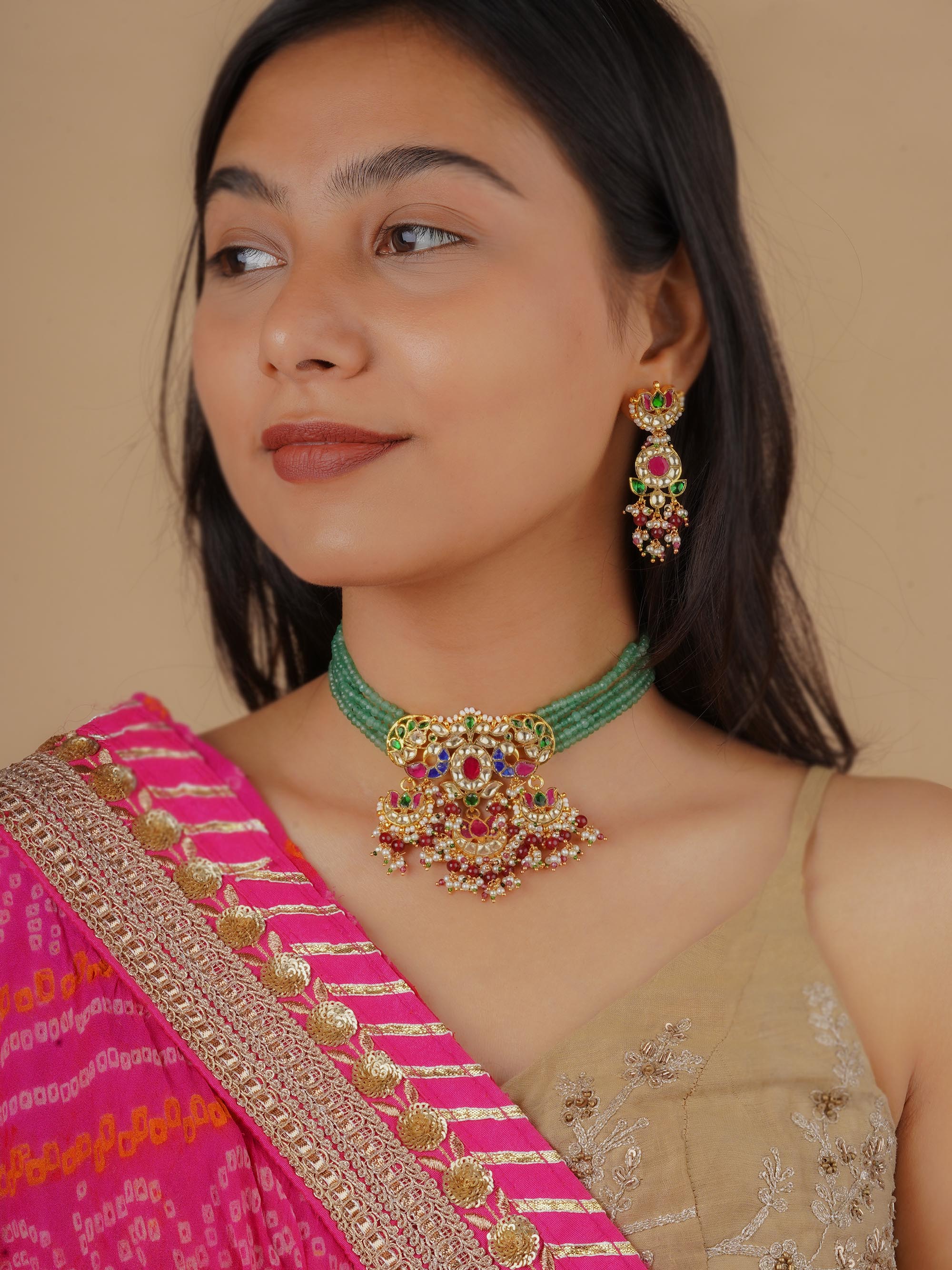 MS1828M - Multicolor Gold Plated Jadau Kundan Necklace Set