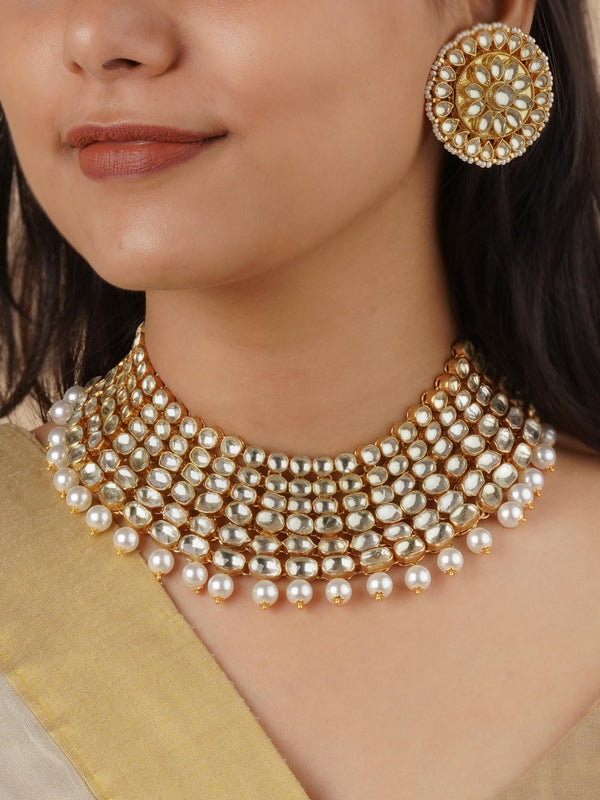 MS1833YA - White Color Gold Plated Jadau Kundan Necklace Set