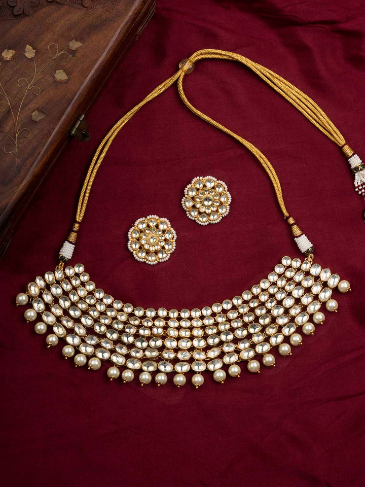 MS1833Y - White Color Gold Plated Jadau Kundan Necklace Set