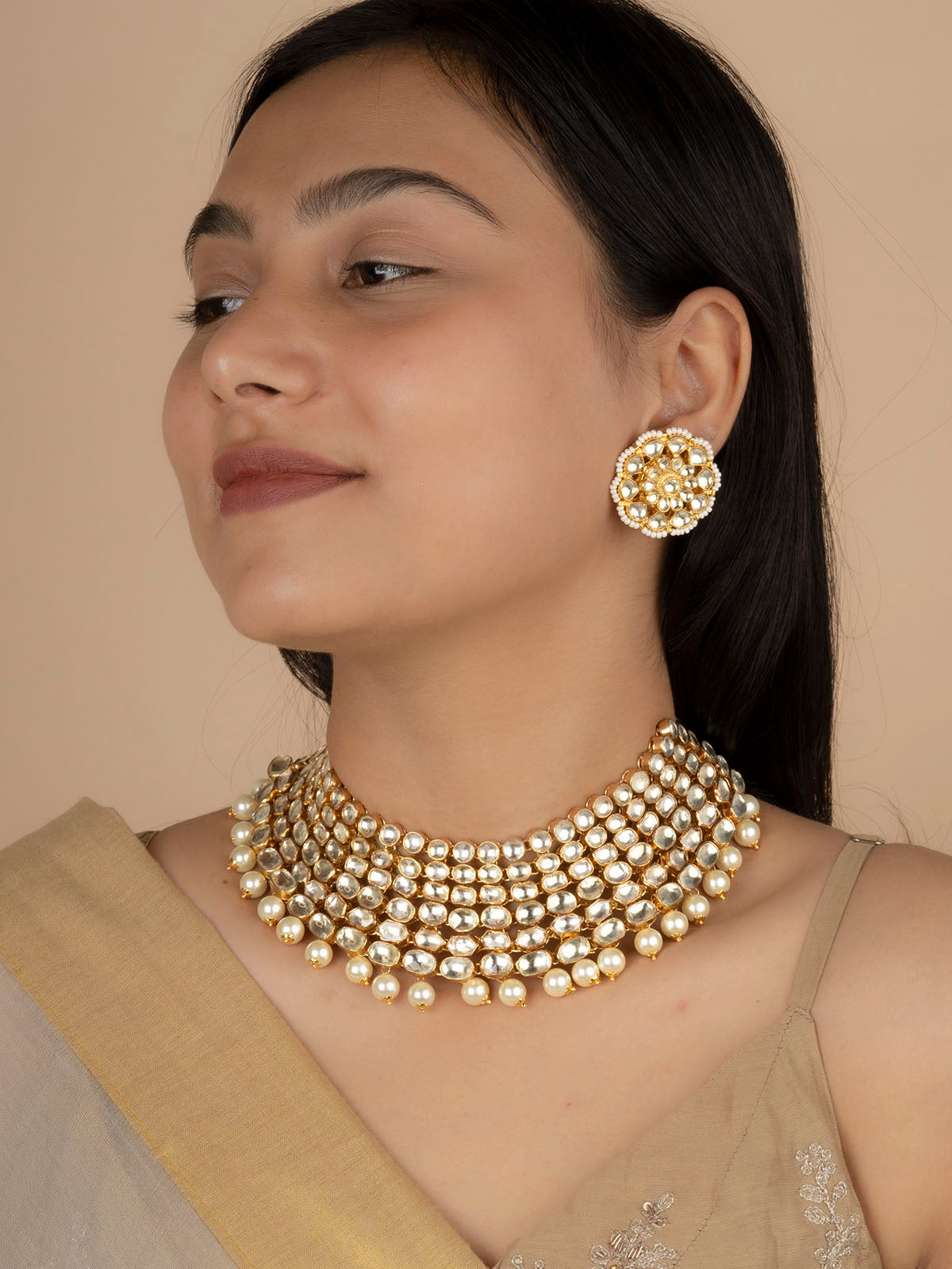 MS1833Y - White Color Gold Plated Jadau Kundan Necklace Set