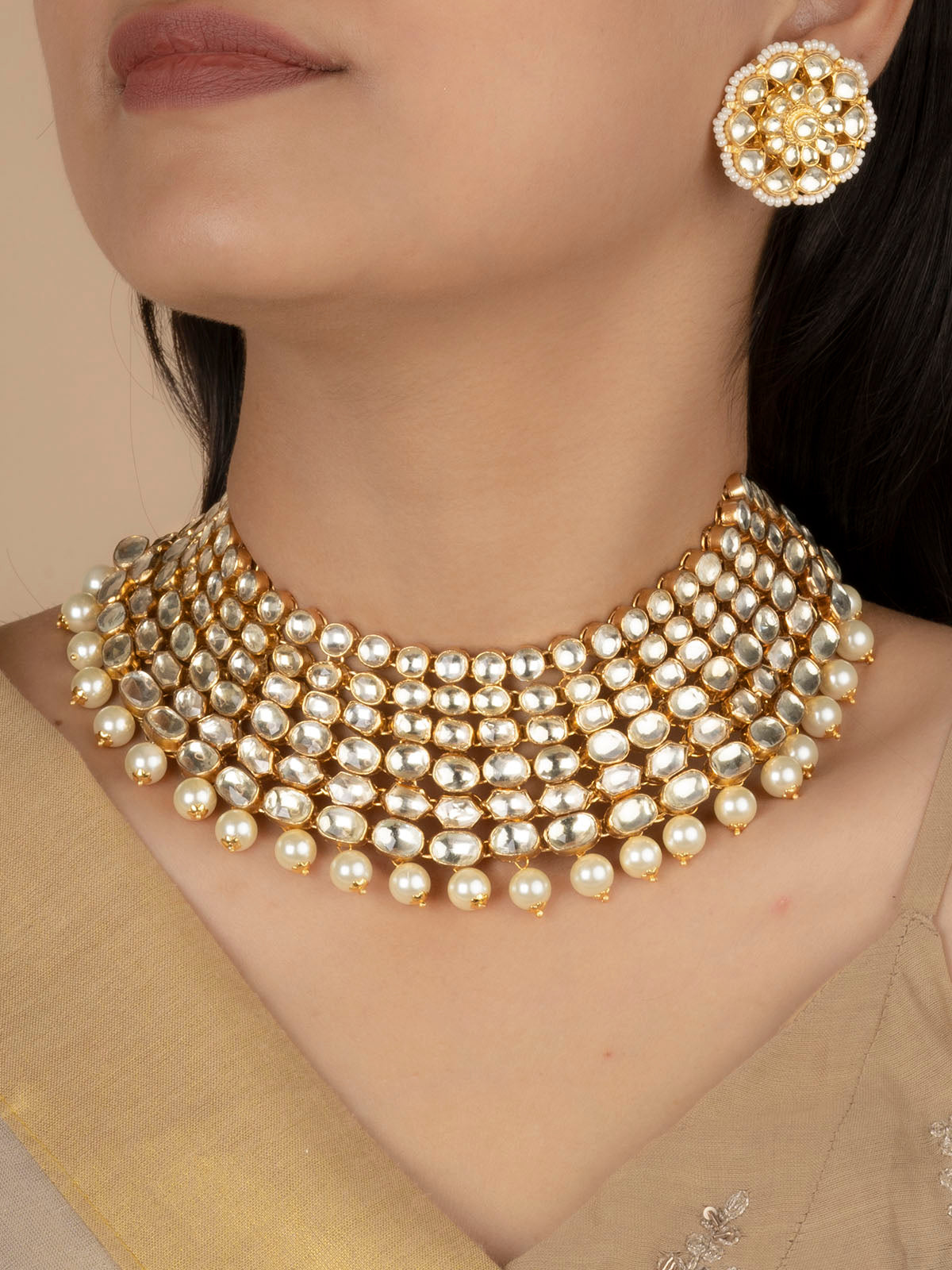 MS1833Y - White Color Gold Plated Jadau Kundan Necklace Set