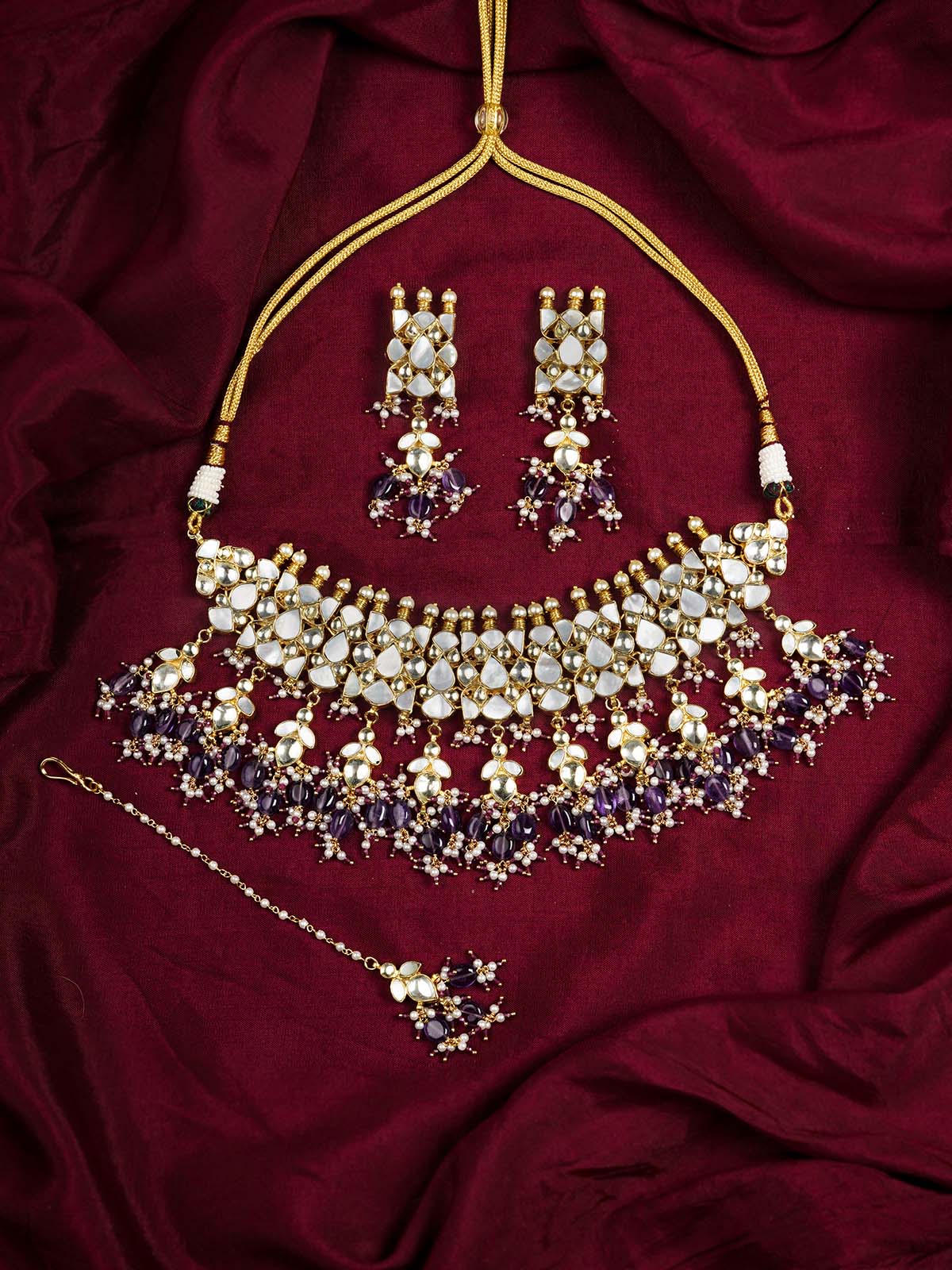 MS1834 - Purple Color Gold Plated Jadau Kundan Bridal Necklace Set