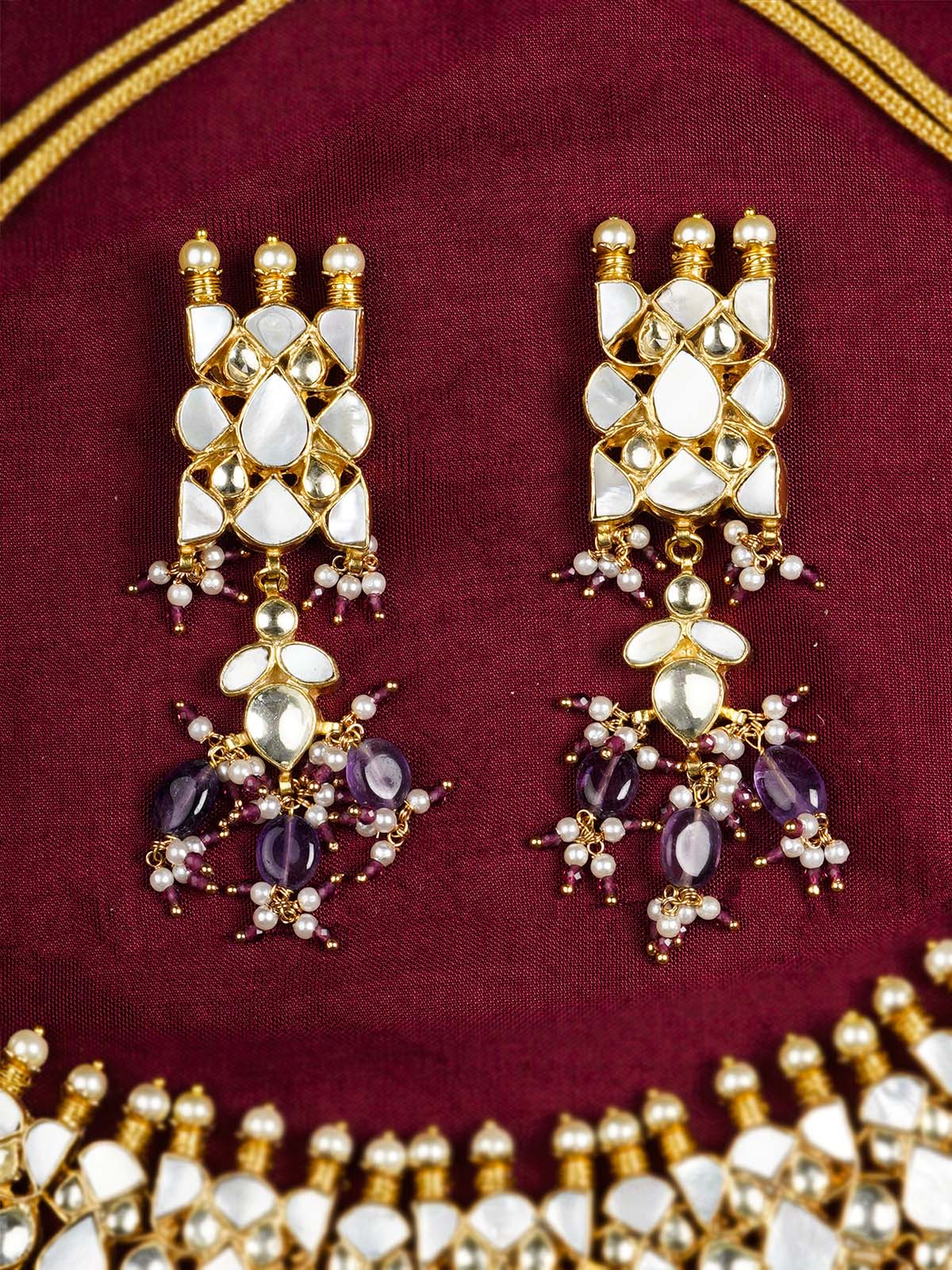 MS1834 - Purple Color Gold Plated Jadau Kundan Bridal Necklace Set