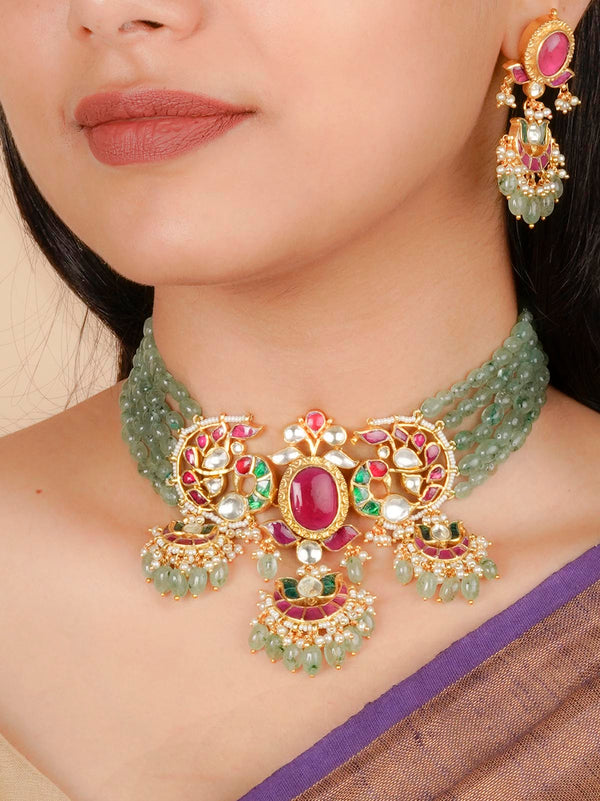 MS1847MC - Multicolor Gold Plated Jadau Kundan Necklace Set