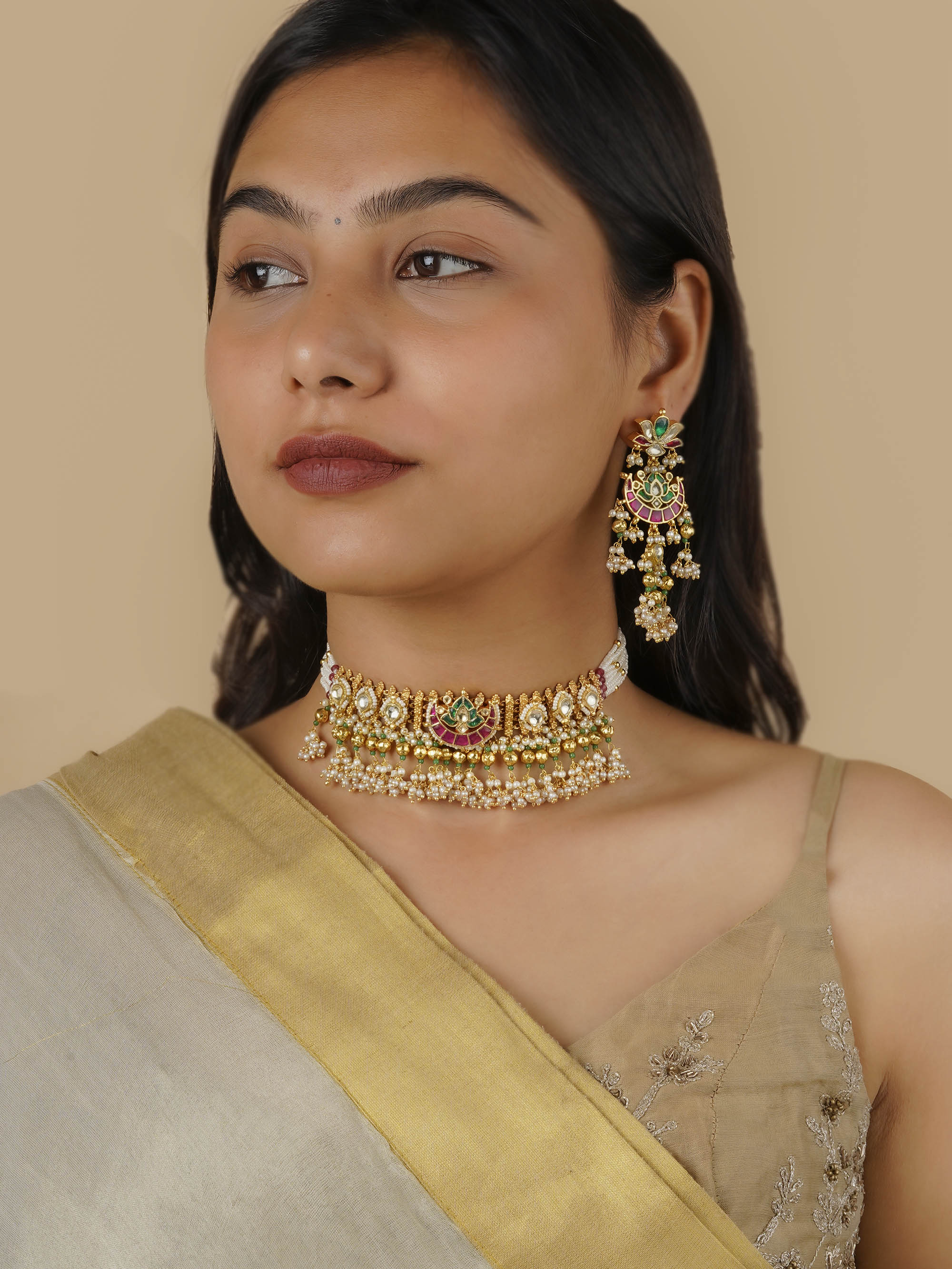 MS1851M - Multicolor Gold Plated Jadau Kundan Necklace Set